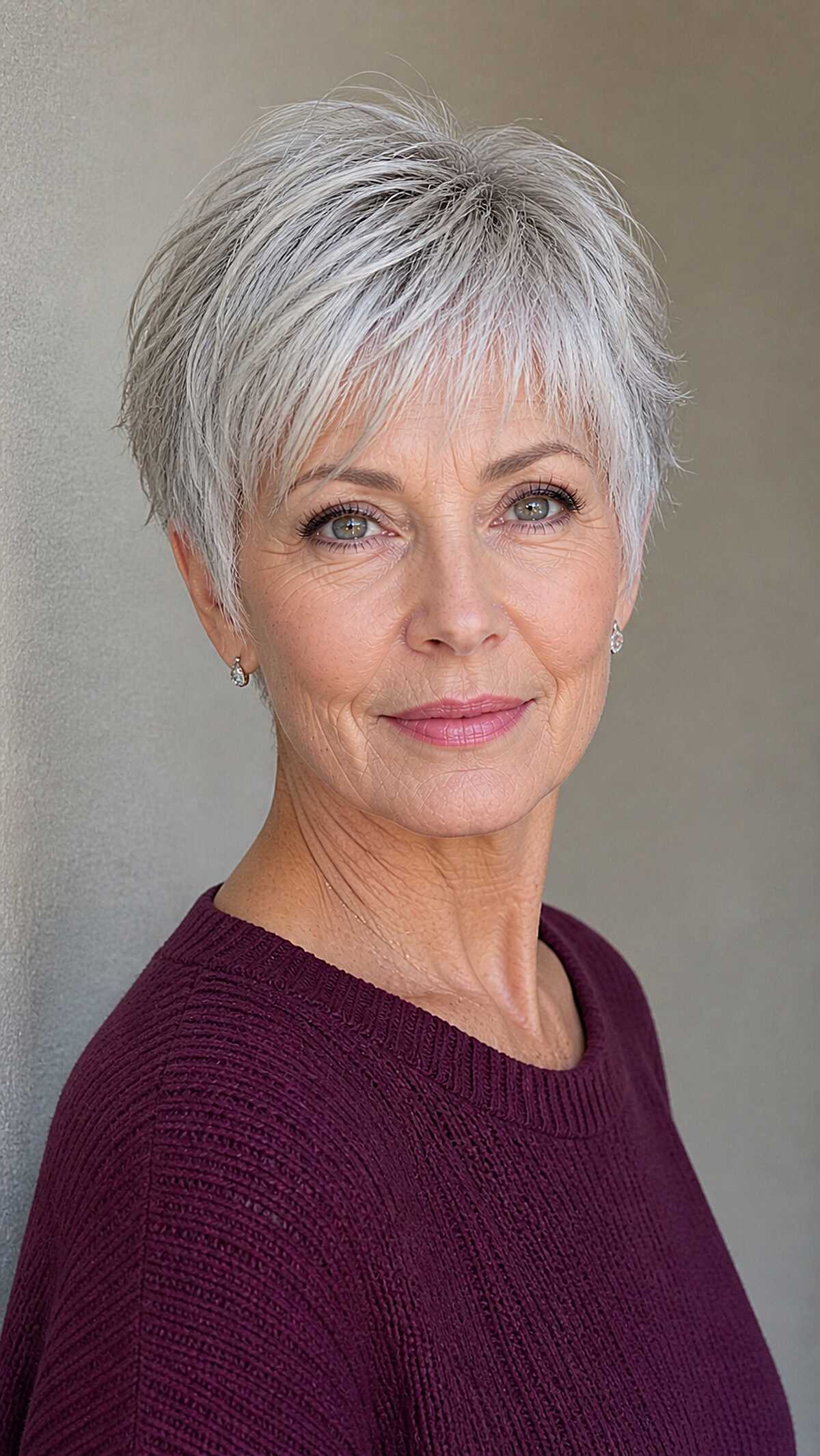 Silver white wispy pixie with textured fringe