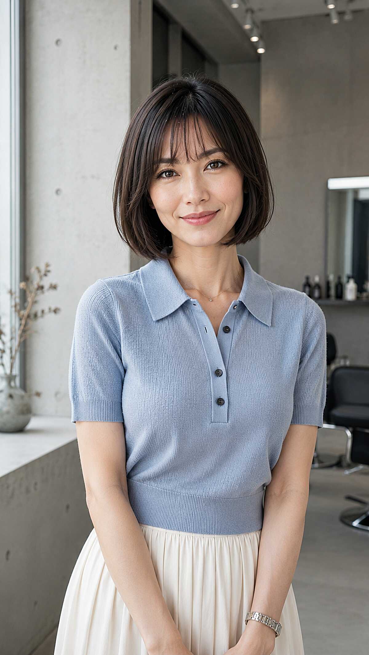 Sleek dark French bob with subtle short bangs