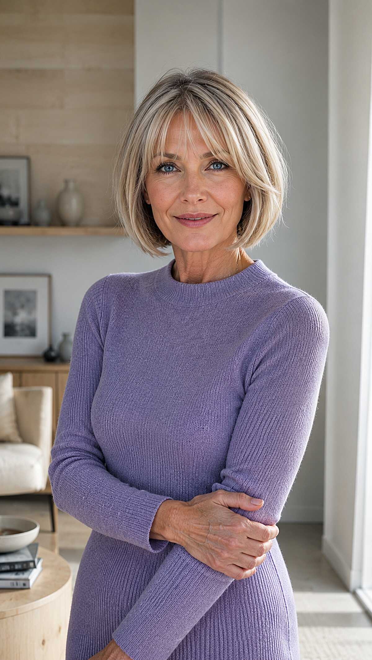 Soft blonde chin-length bob with side-swept bangs