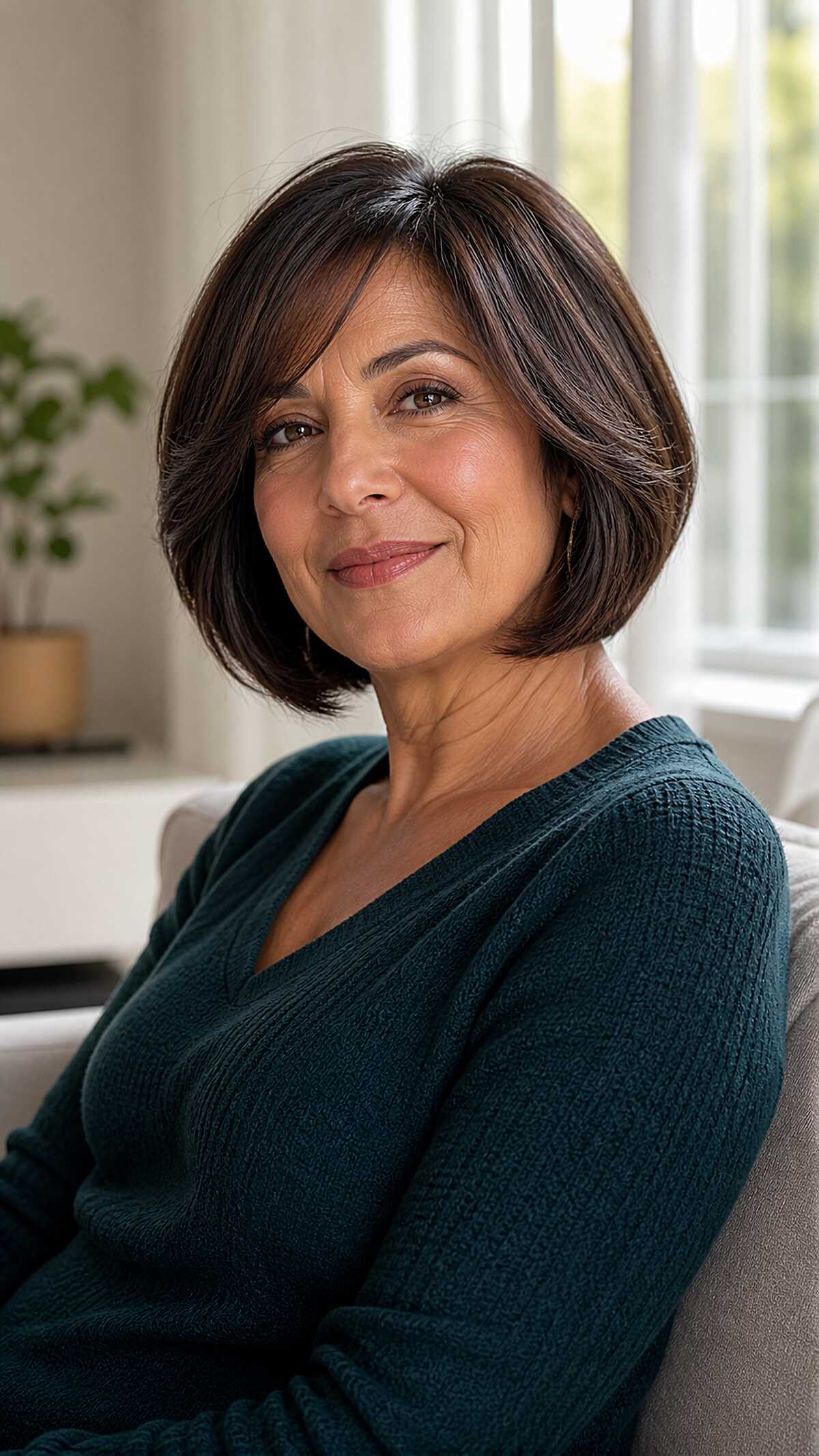 Chin-length brunette bob with soft side-swept layers