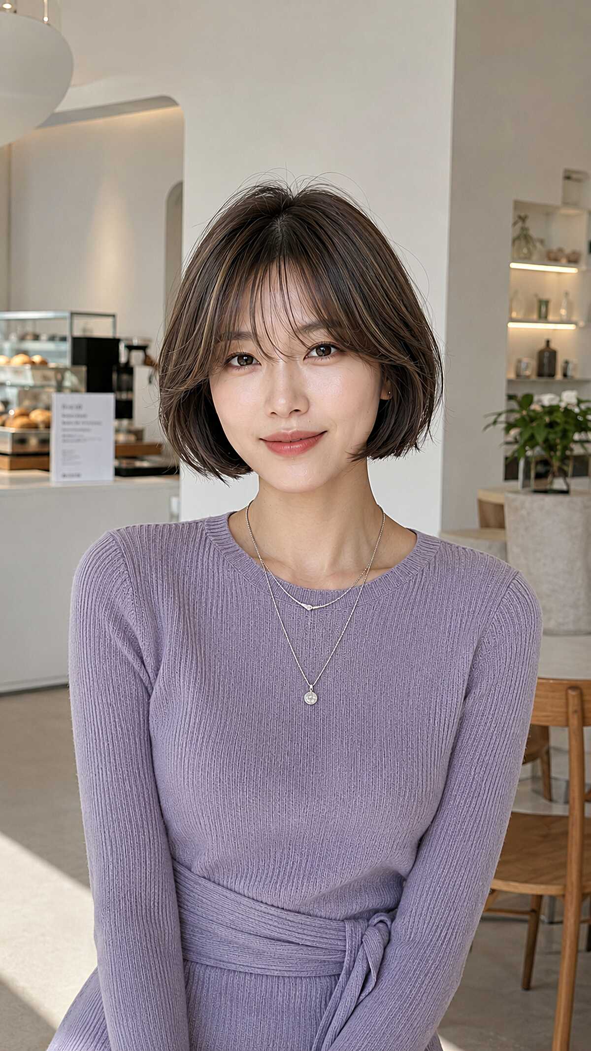 Soft brown French bob with volume and face framing layers