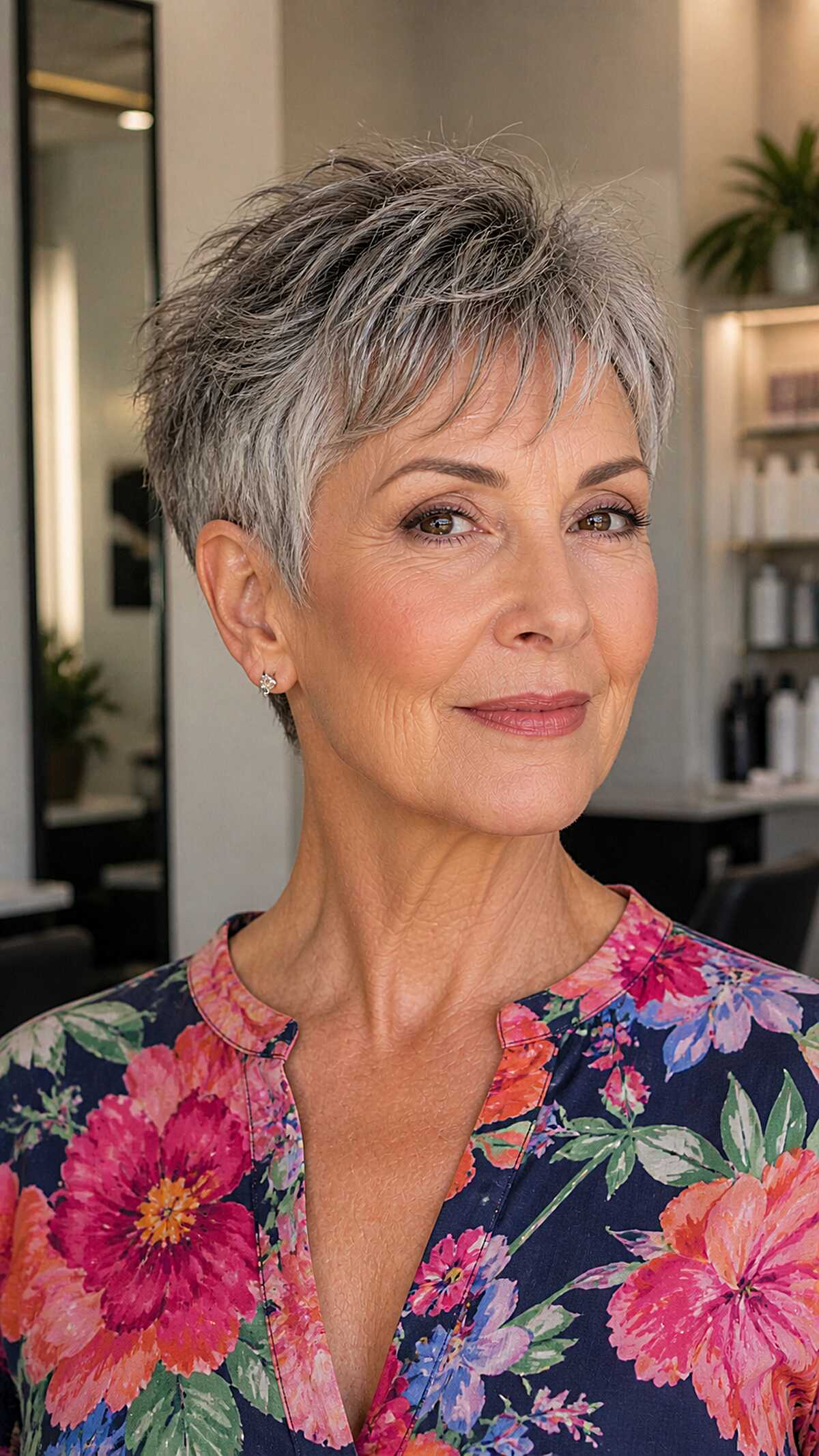 Steel gray textured pixie crop with wispy top