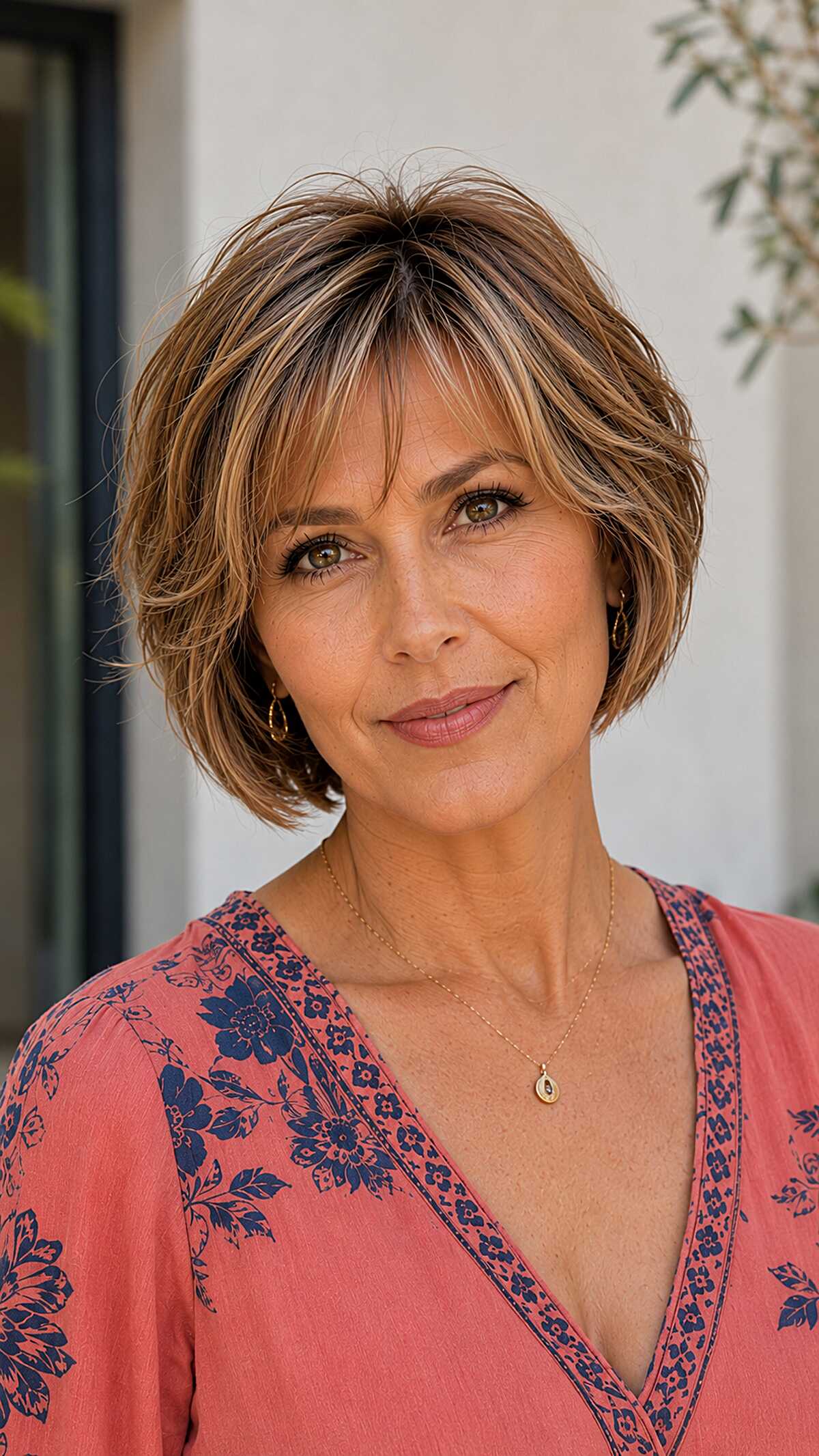 Sun-Kissed Bronde Layered Bob With Wispy Bangs