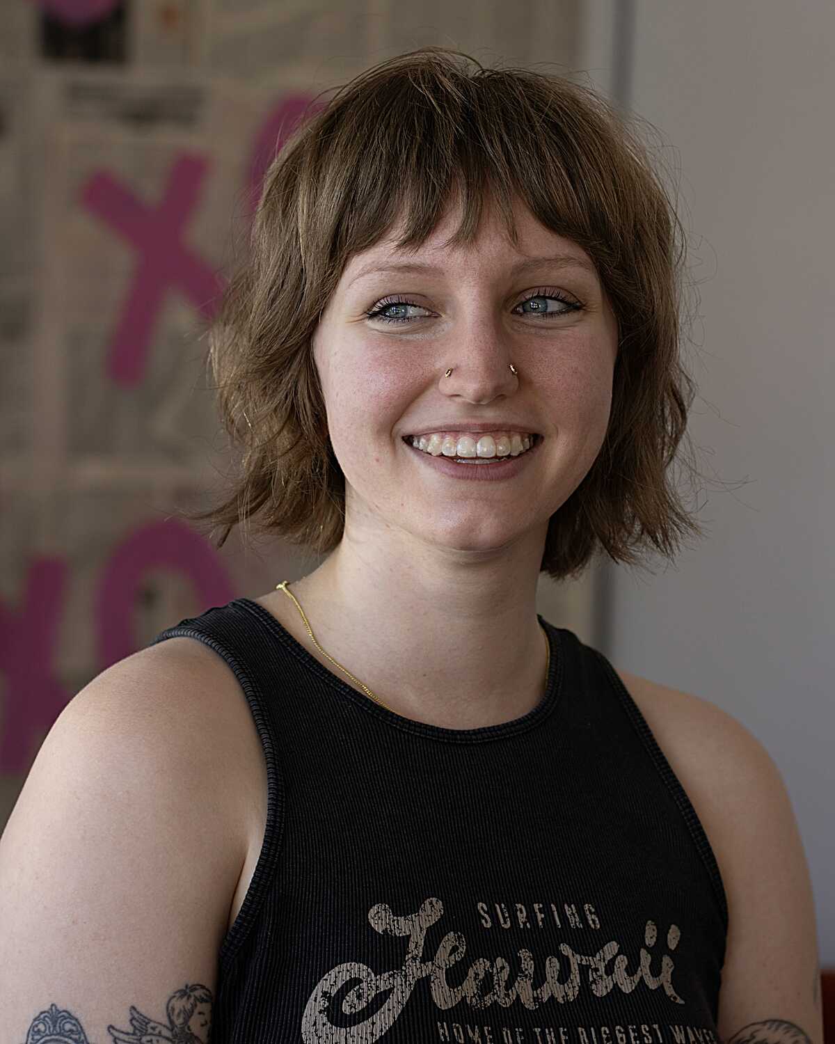 Honey brown textured bob with choppy bangs