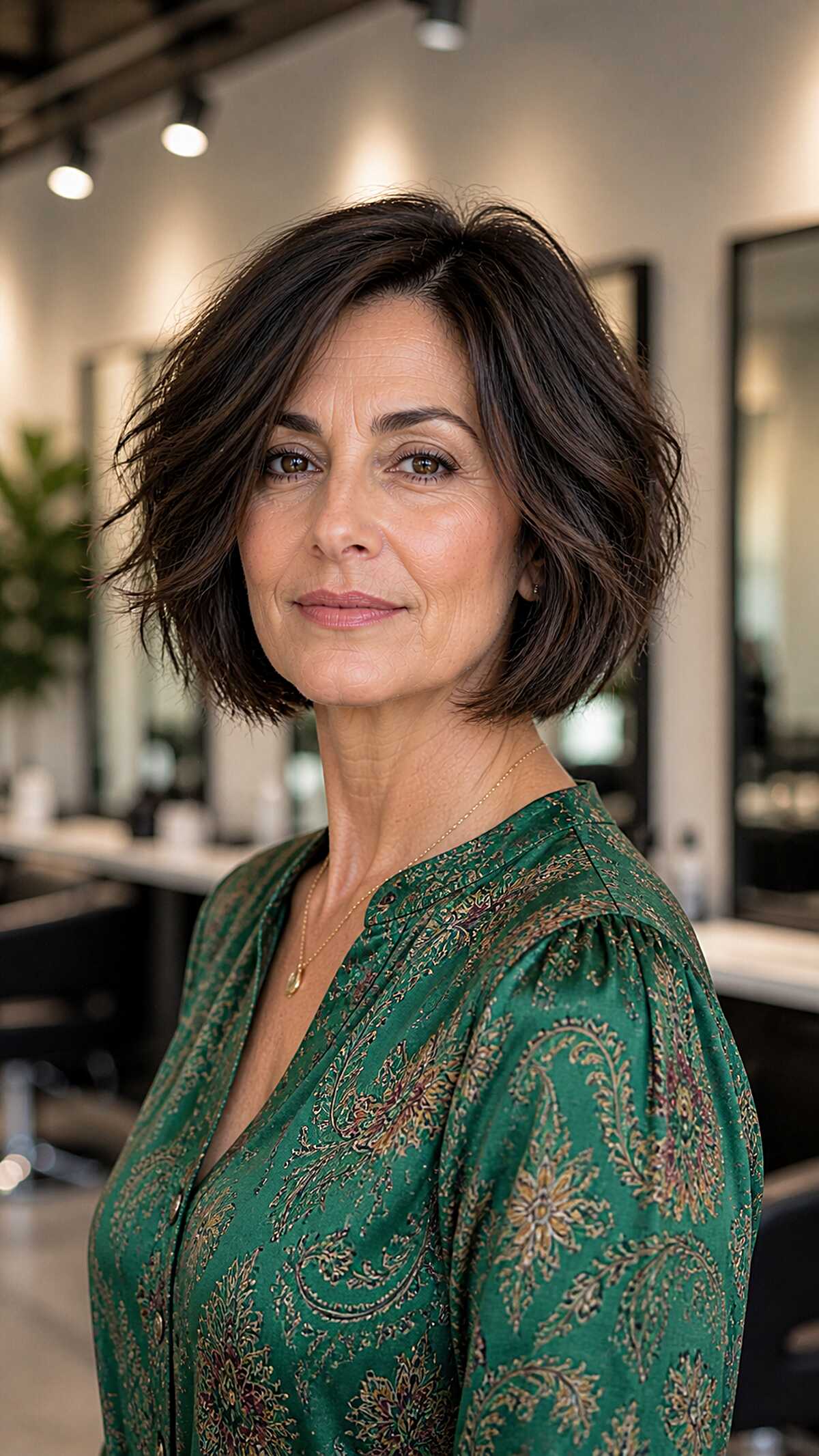Tousled dark brown textured bob in a salon