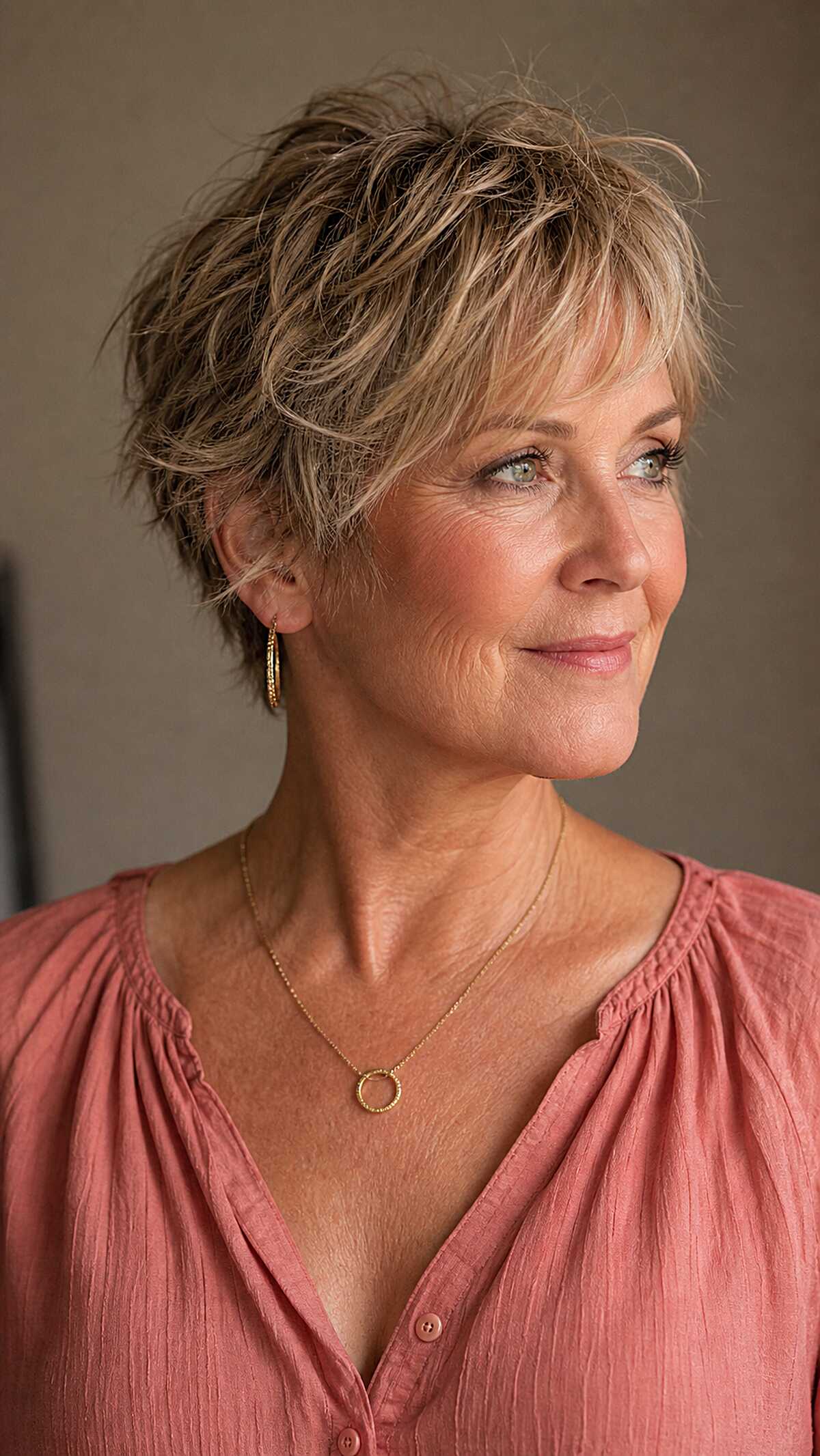 Tousled dirty blonde wispy pixie with crown volume