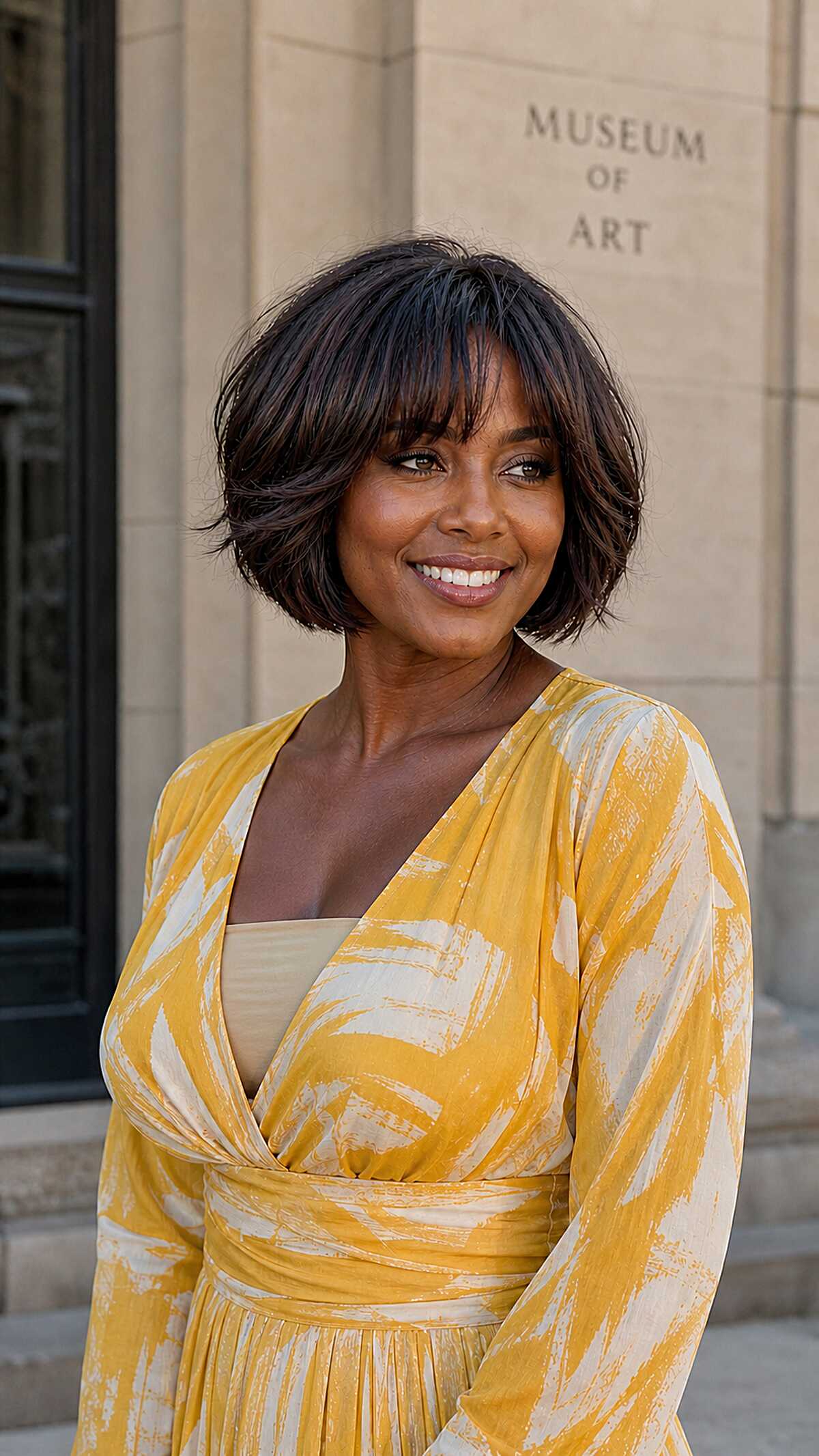 Voluminous dark bob with soft bangs and rounded shape