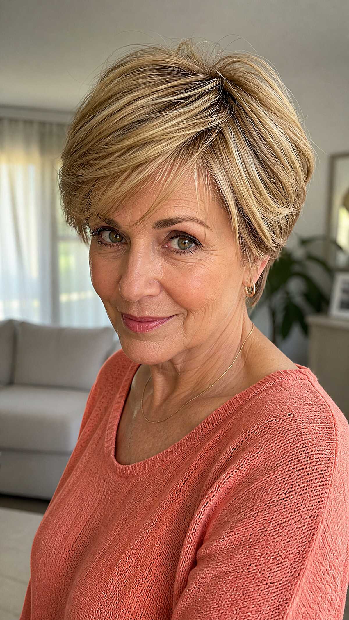 Warm blonde pixie with swept side-swept bangs