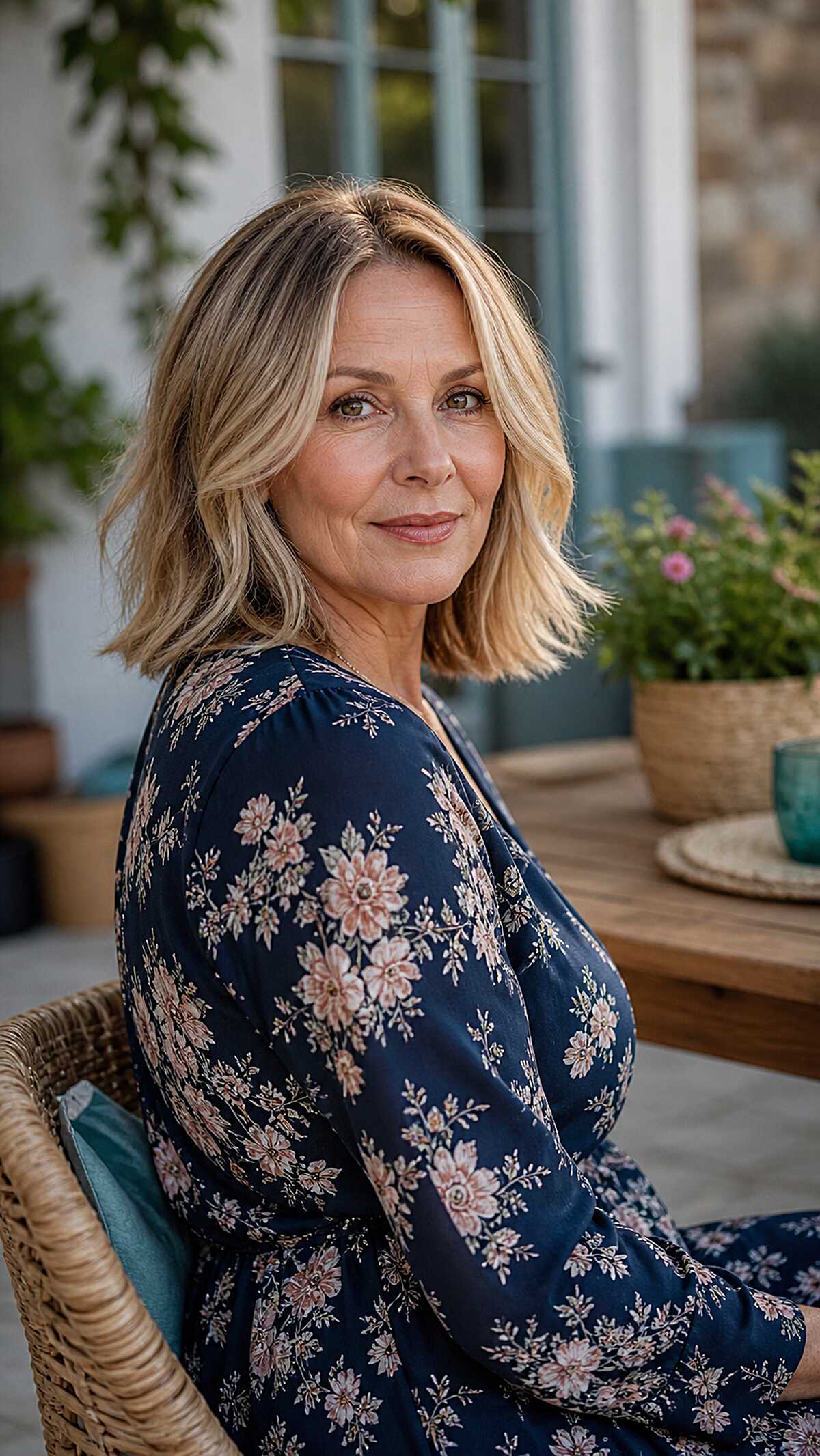 Shoulder-length warm blonde lob with a soft wave