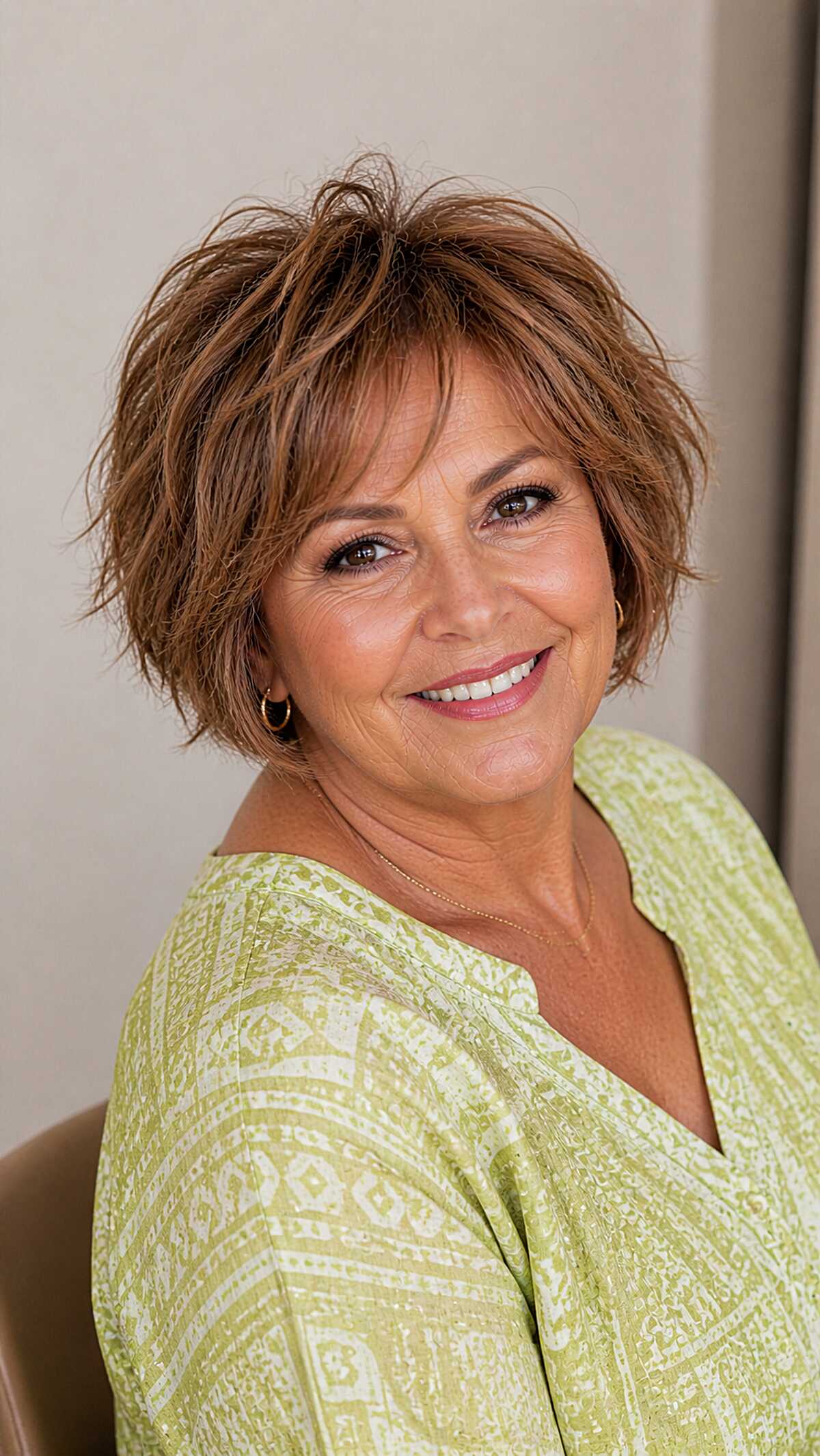 Warm brown choppy bob with tousled wispy texture
