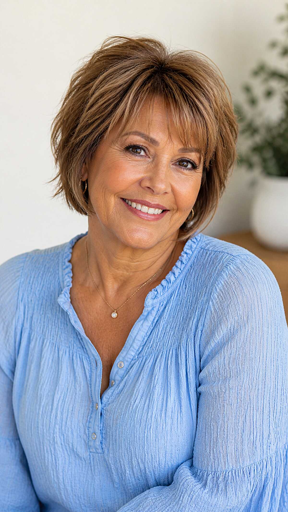 Warm caramel short bob with flippy wispy layers
