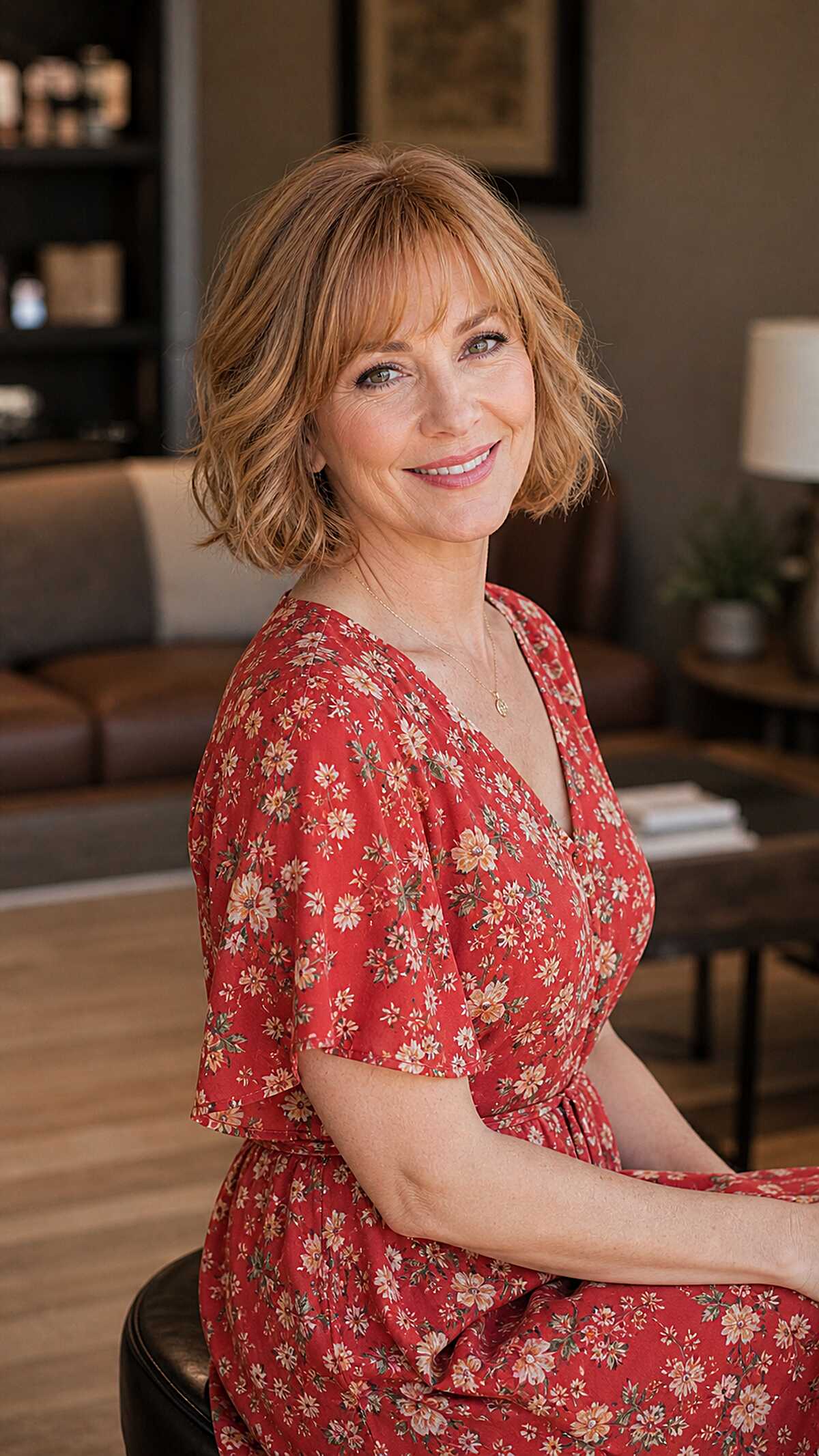 Wavy strawberry blonde bob with soft fringe