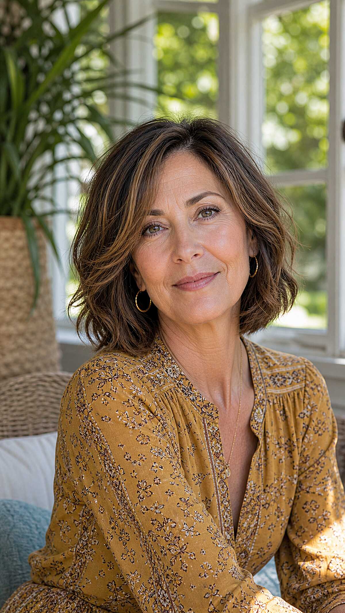 Wavy chocolate brown bob with subtle highlights