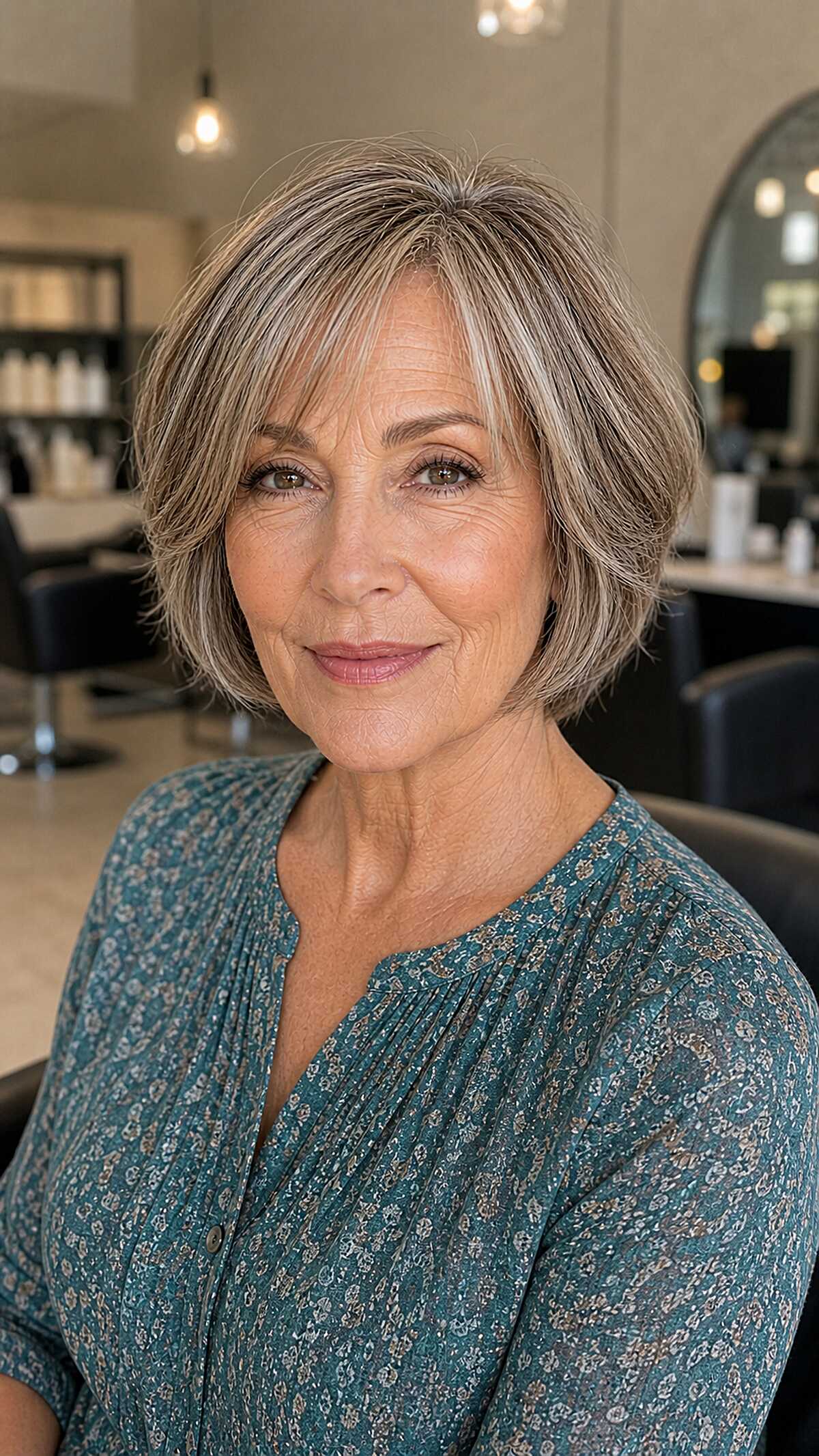 Wispy chin-length bob blending gray and brunette