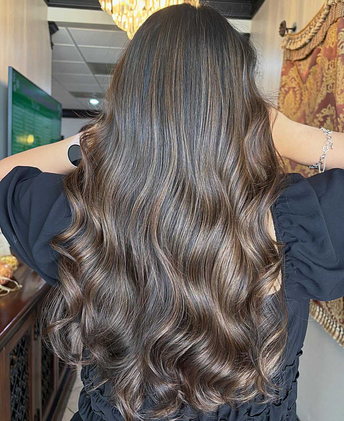 Long dark brunette hair with fine ashy balayage highlights
