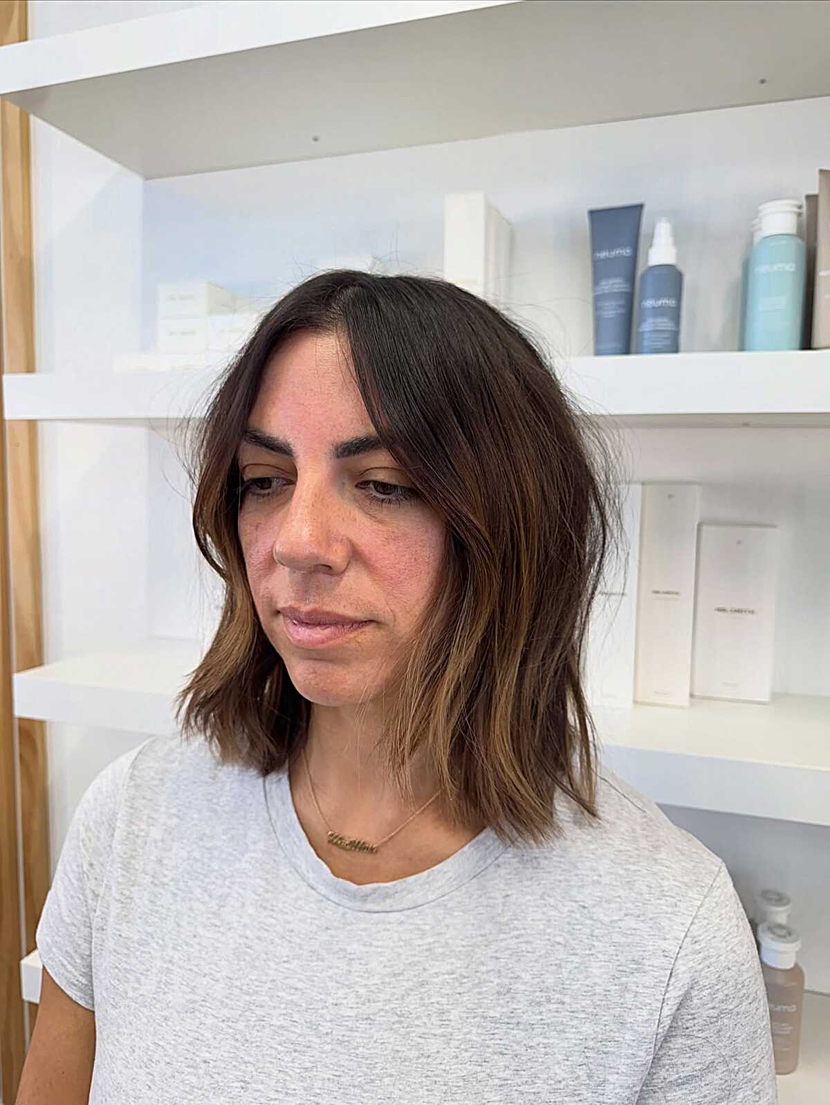 Choppy textured lob with lighter sun-kissed ends