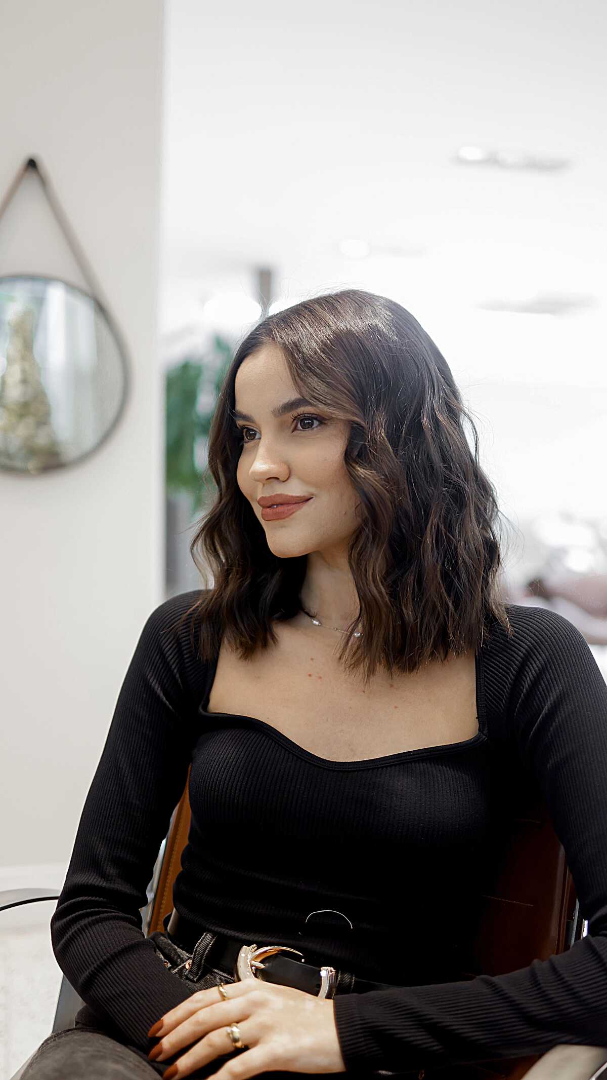 Dark chocolate wavy lob with soft lived-in texture