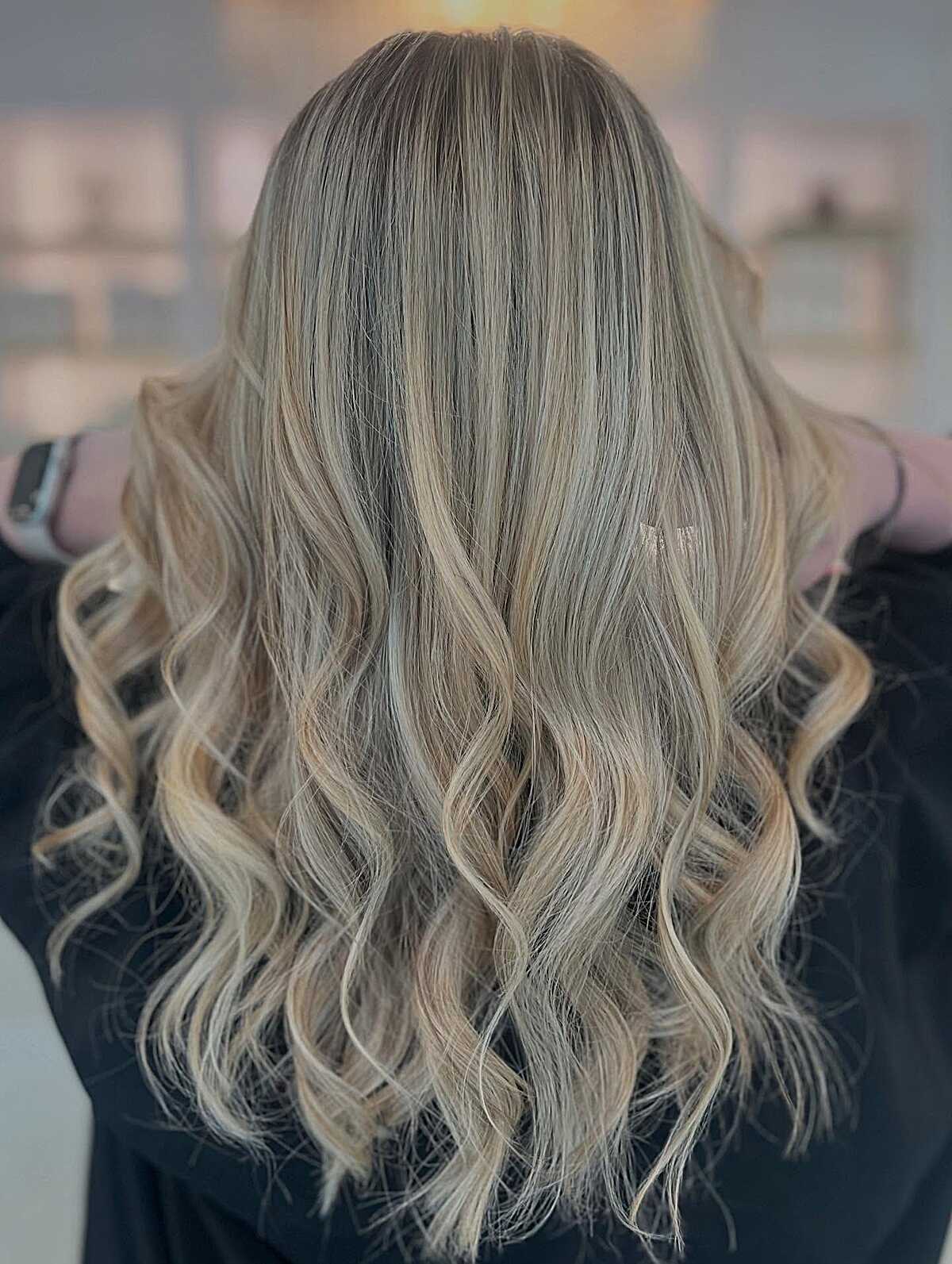 Long ash blonde balayage with voluminous barrel curls
