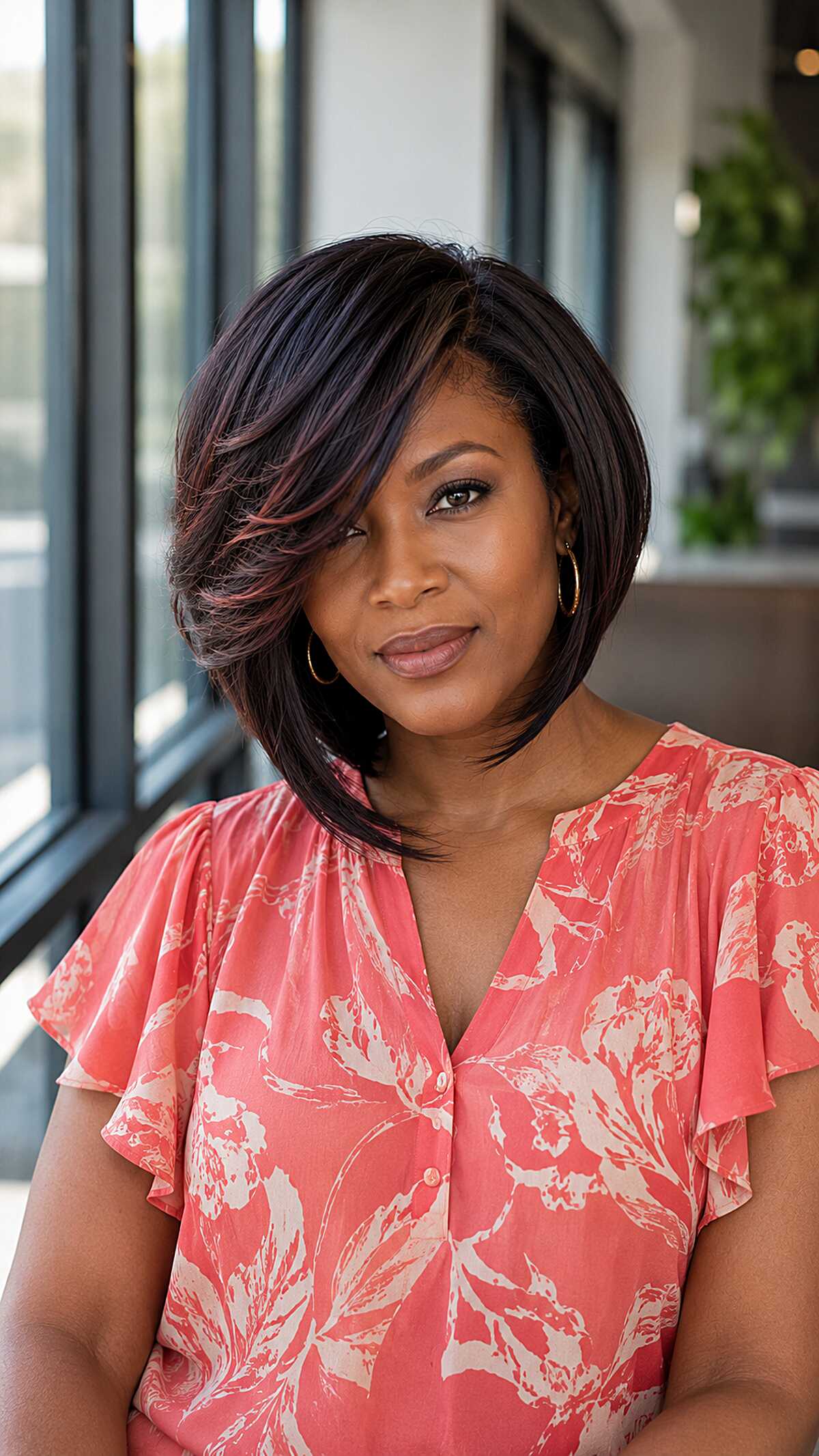 Sleek Angled Bob with Dark Plum Undertone Highlights