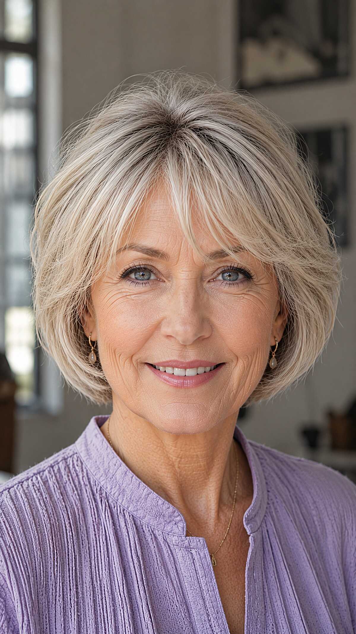 Ash blonde bob-length pixie with wispy fringe bangs