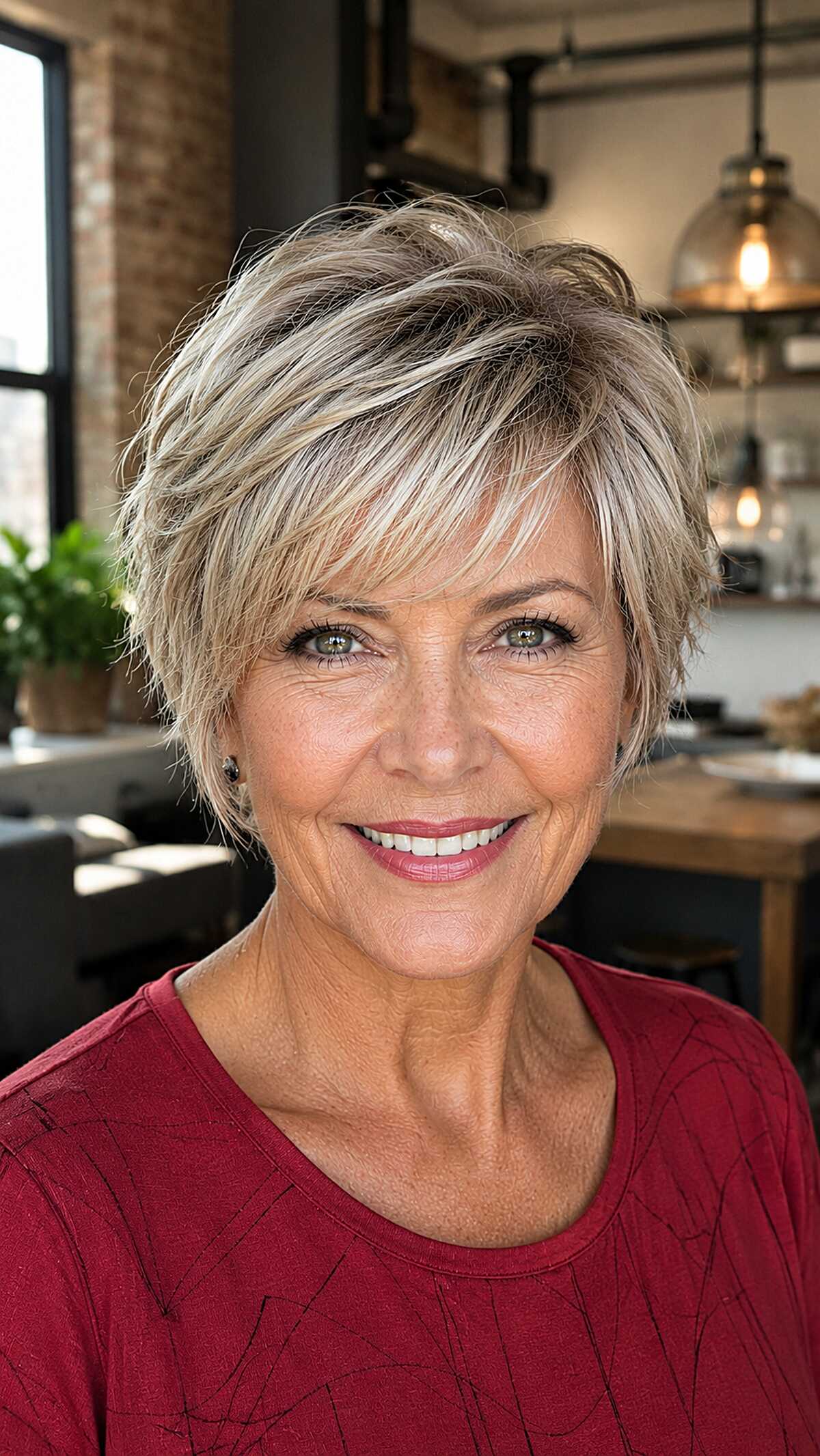 Ash blonde piecey pixie bob with textured crown lift