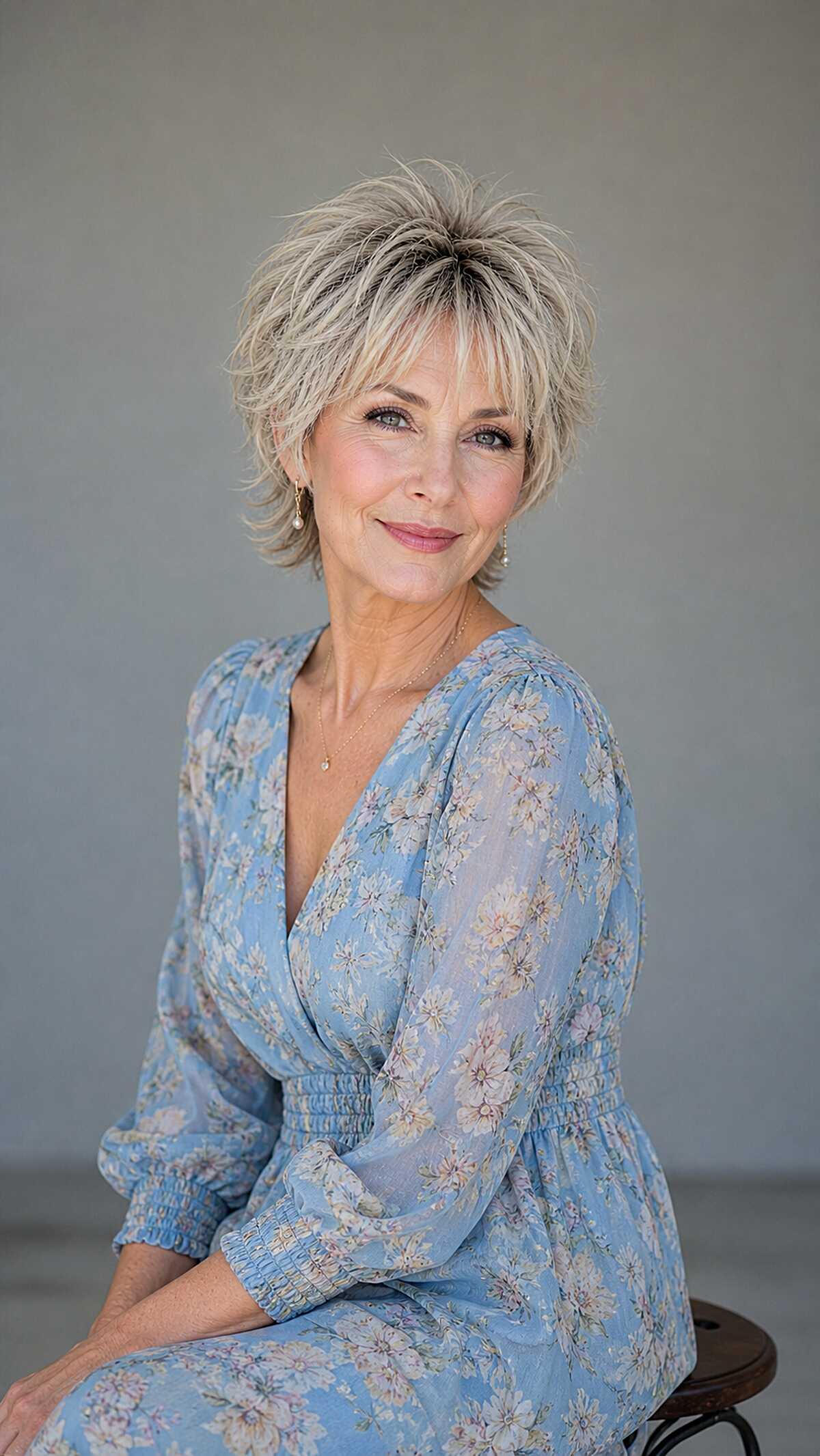 Ash blonde tousled pixie shag with root shadow