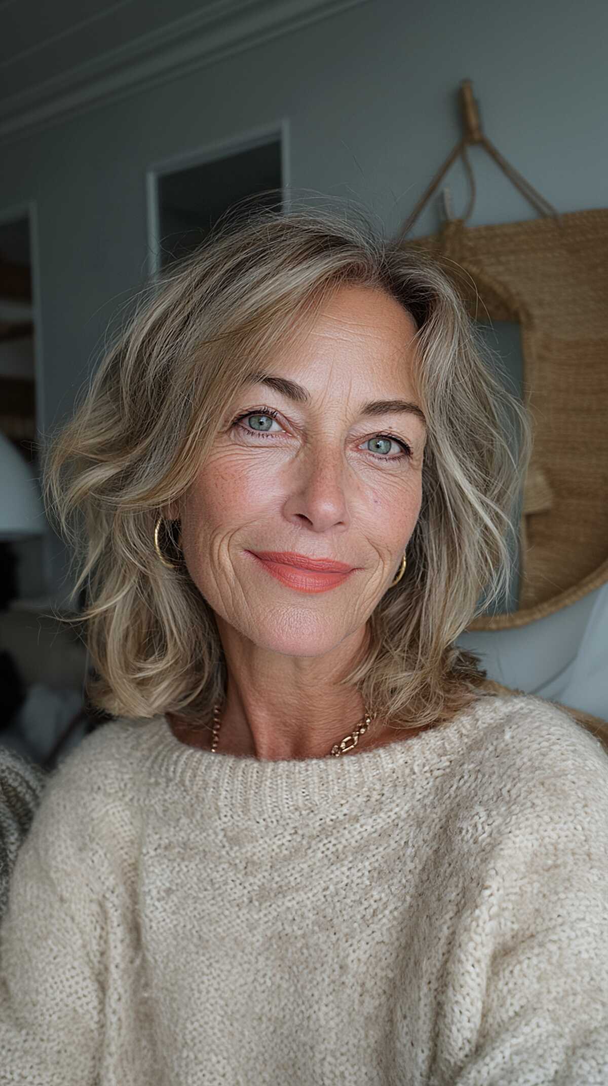 Ash blonde wavy lob with beachy layered movement