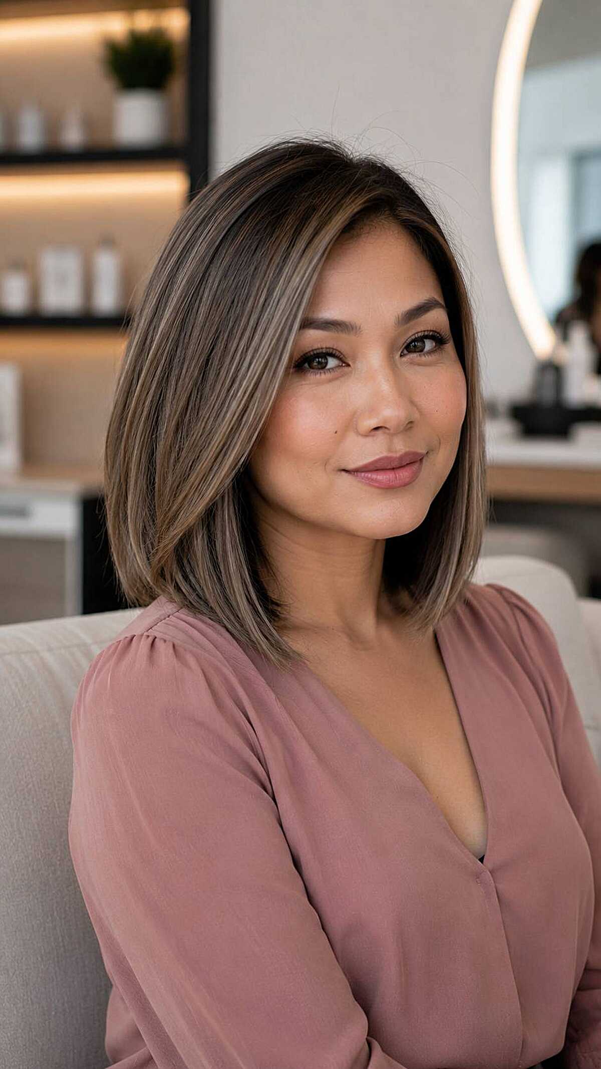 Ash bronde blunt bob with subtle side part in salon