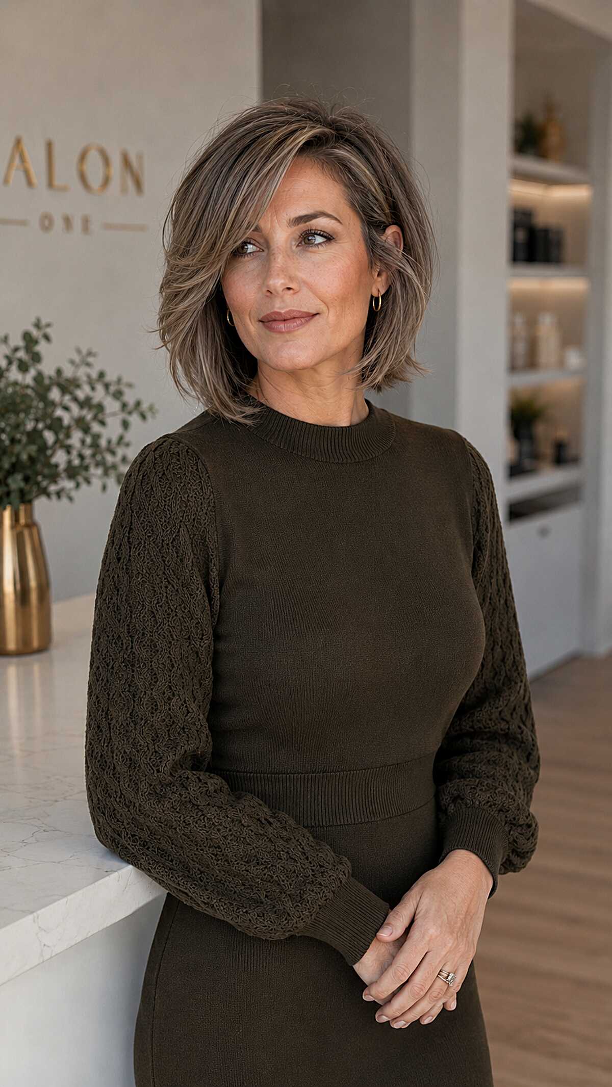 Textured ash brown layered bob with side part highlights