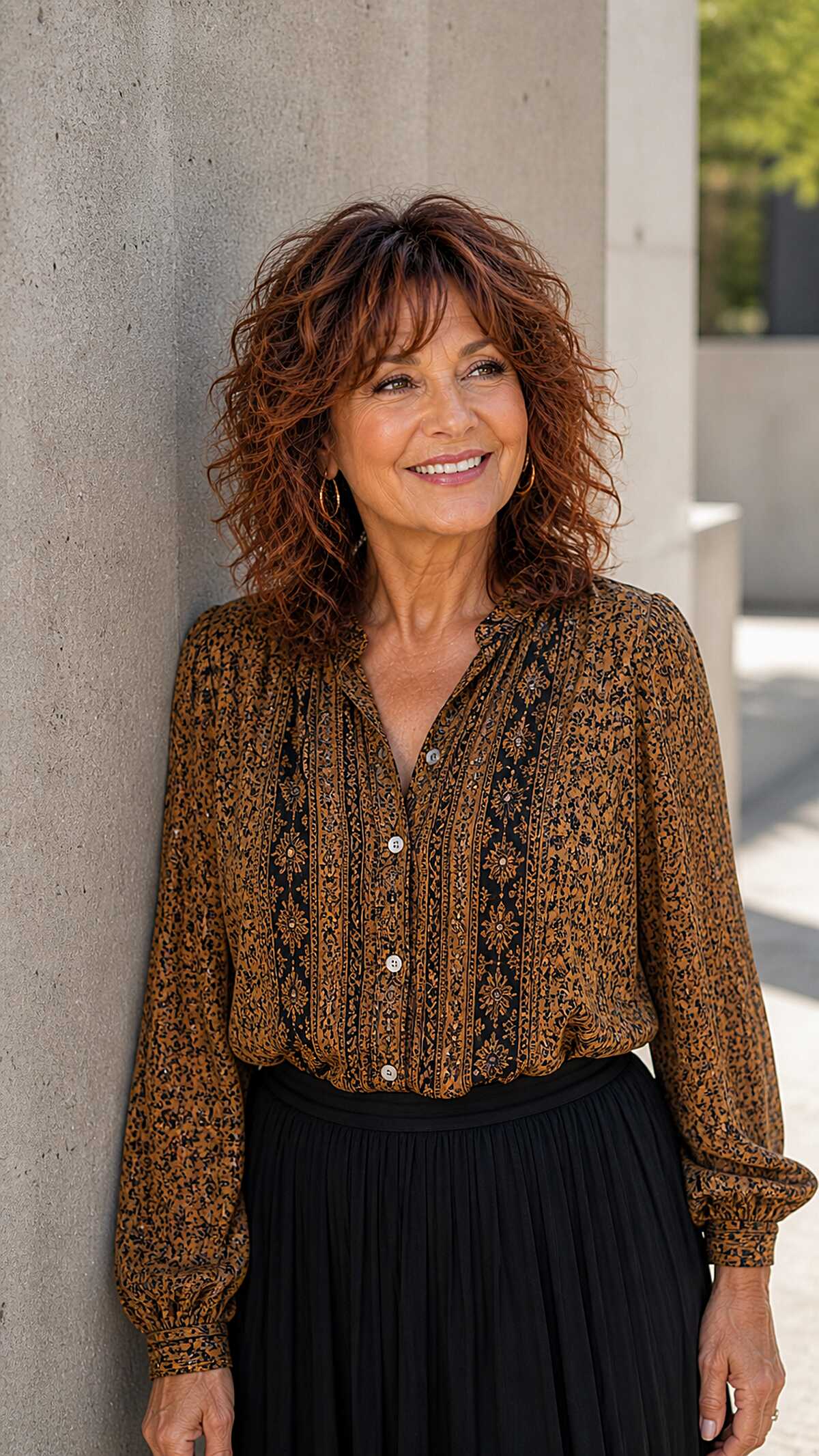Auburn curly shag with wispy bangs at shoulder length