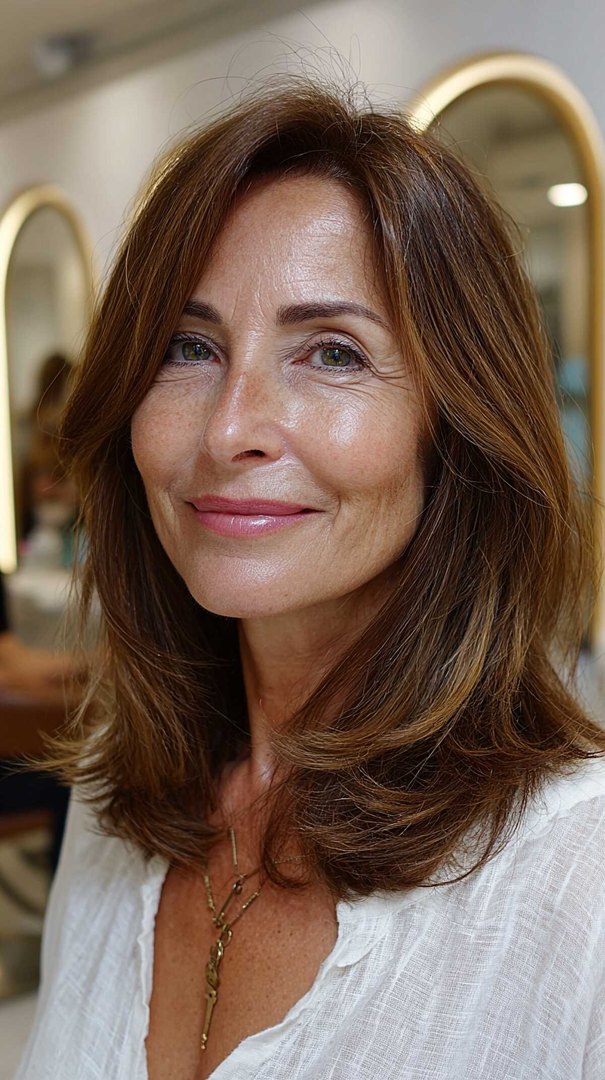Medium layered auburn-brown hair with feathered ends