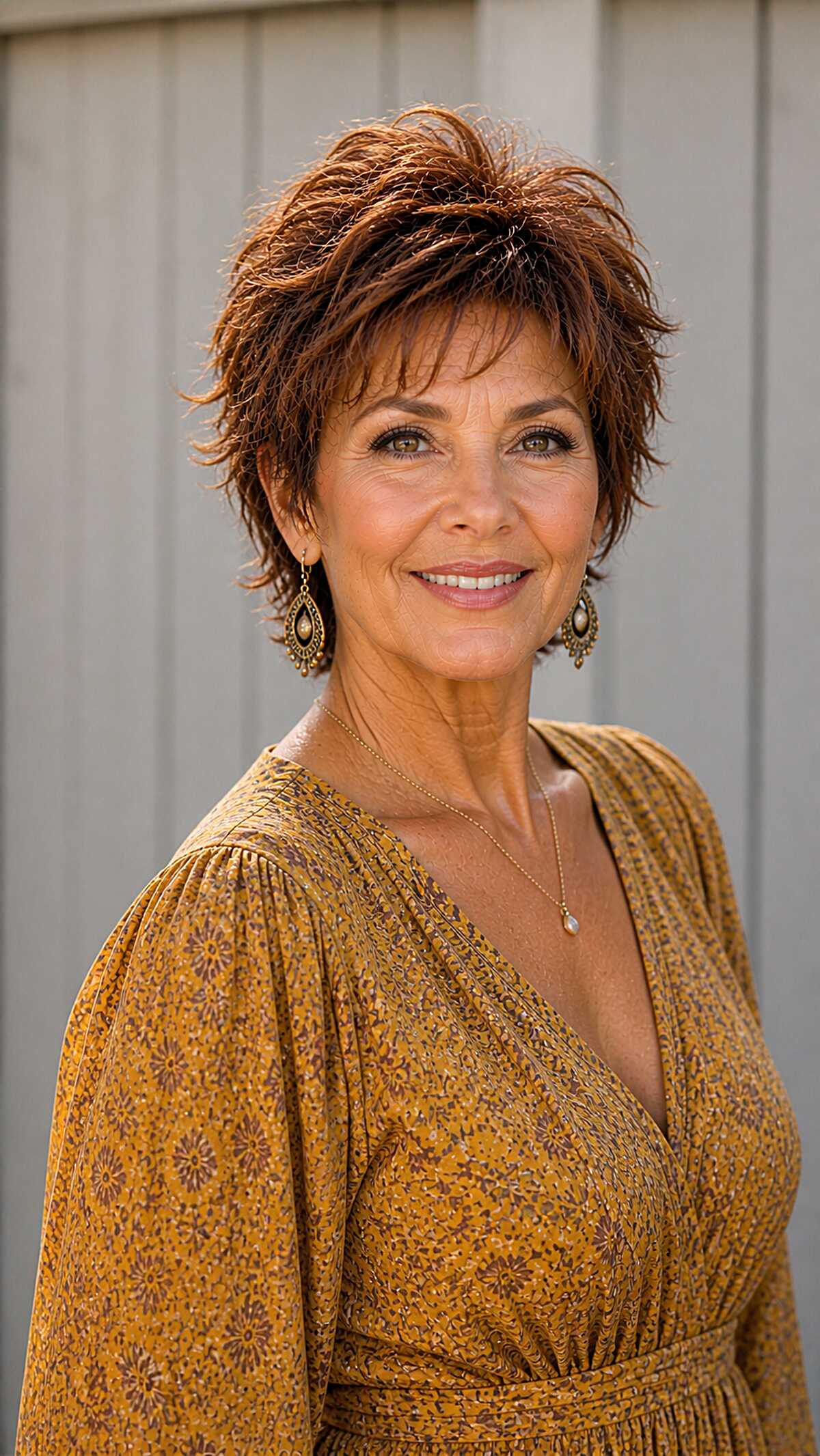 Auburn spiky pixie shag on woman over 60