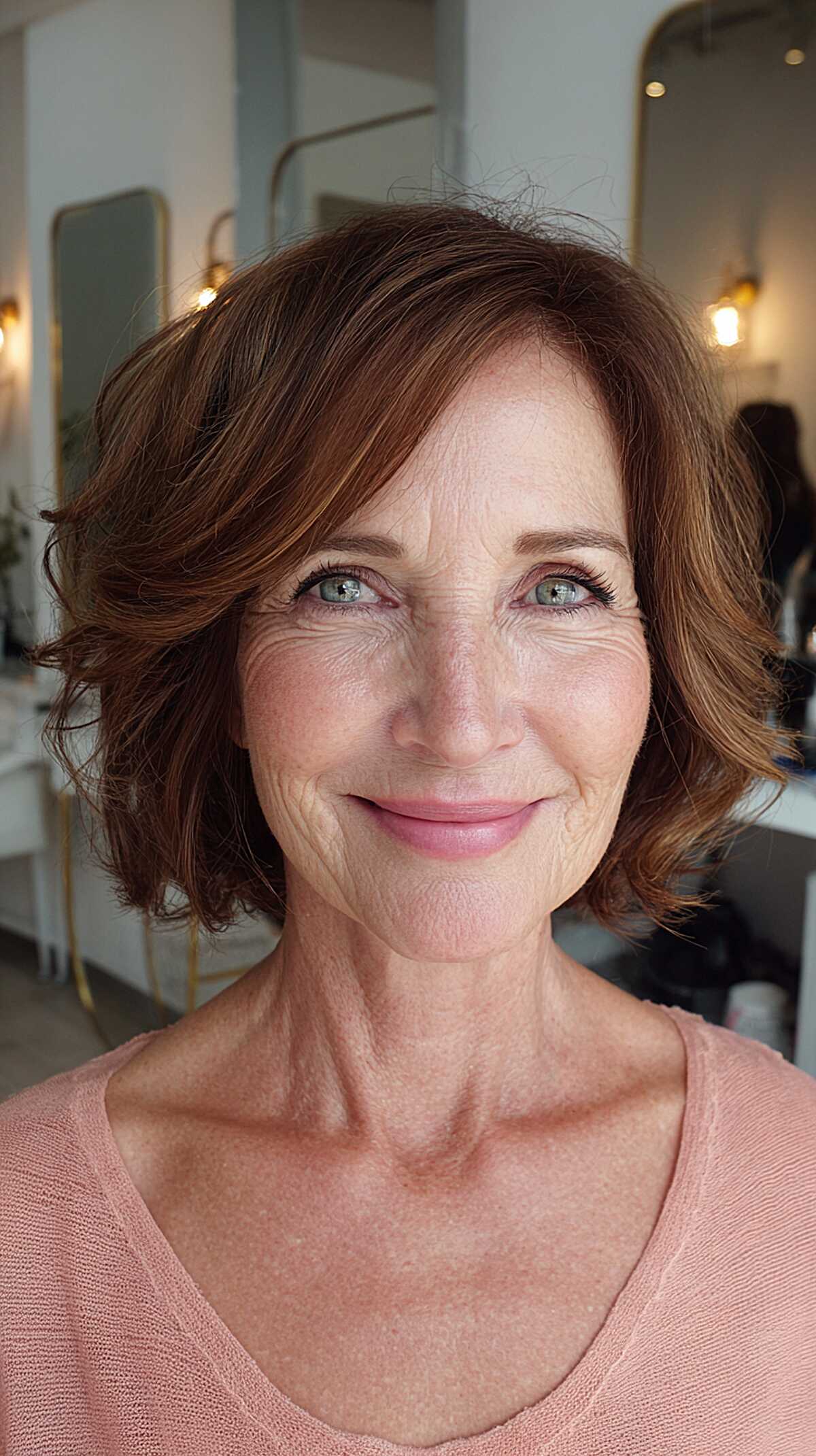 Auburn wavy bob with soft face-framing bend
