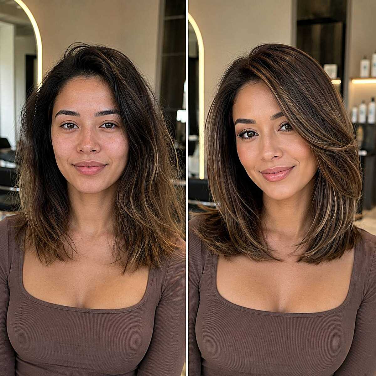 Before and after medium hair side part lob transformation