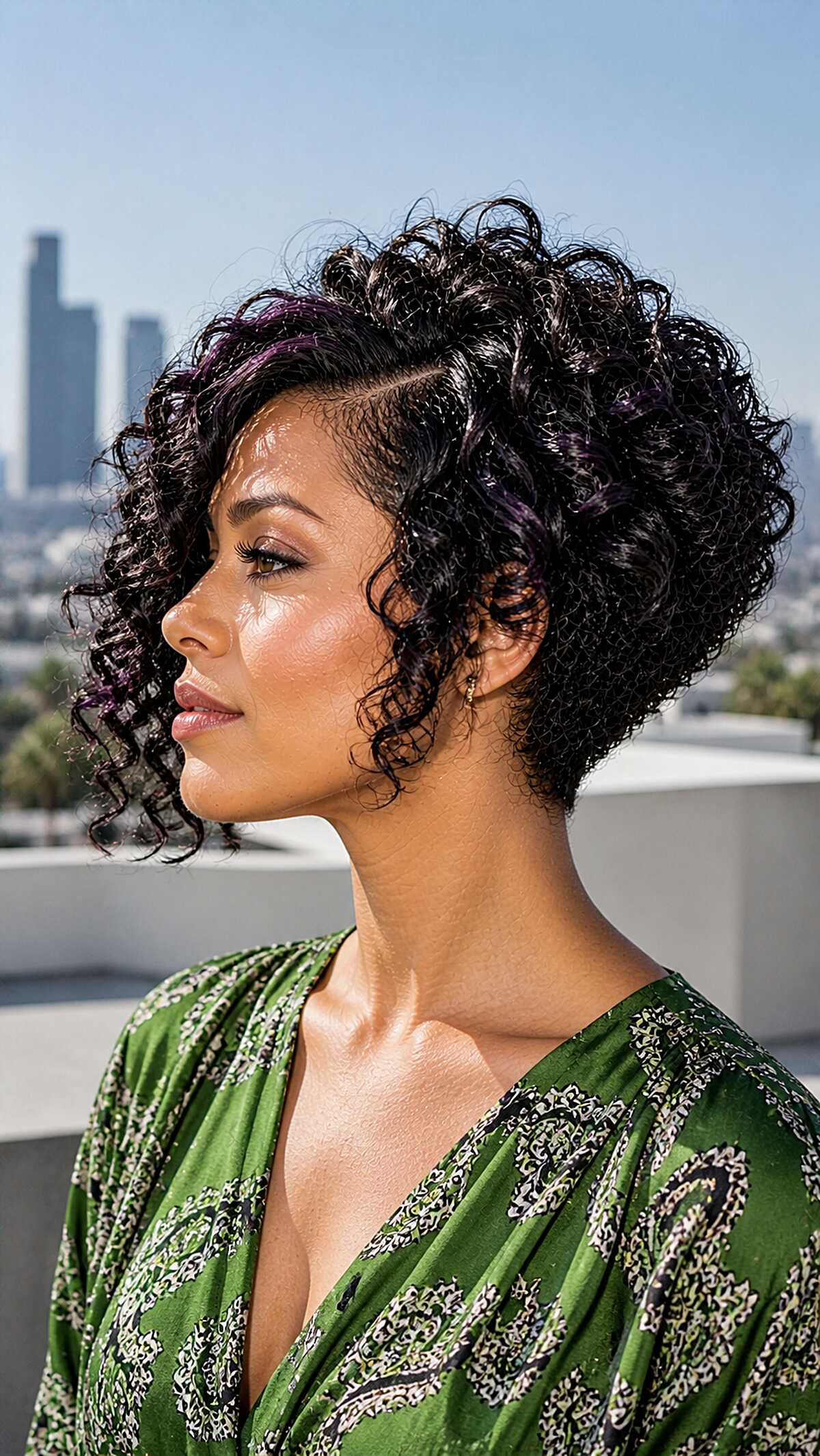 Black curly stacked bob with purple tones outdoors