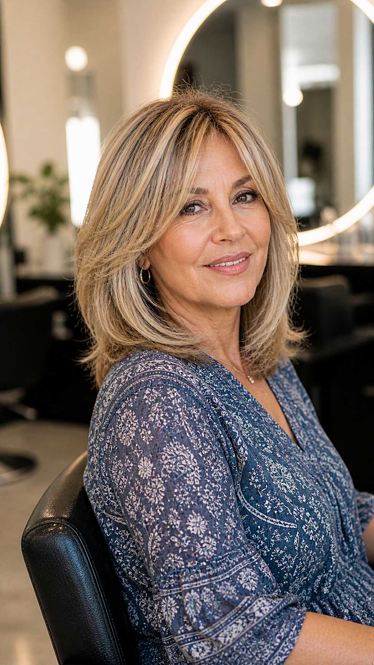 Blonde Balayage Shaggy Lob in Salon Over 60