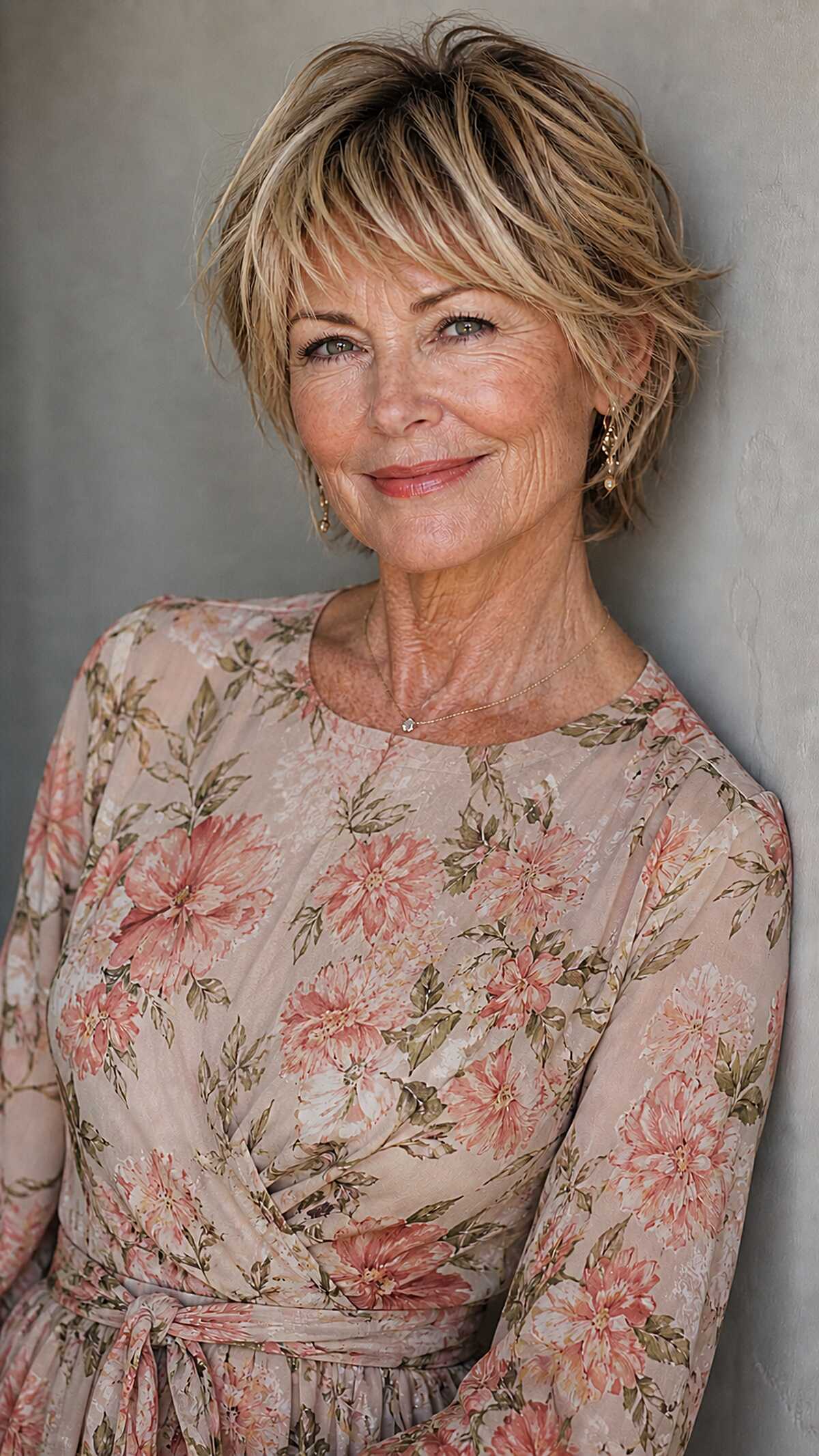 Blonde highlighted shaggy pixie with fringe on older woman