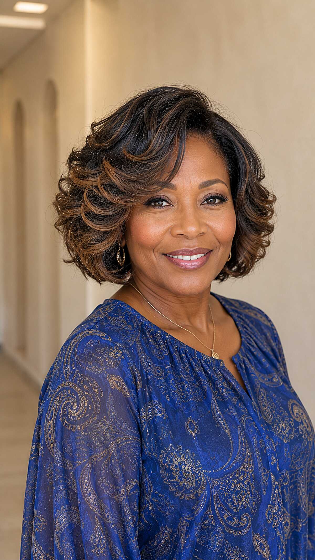 Bouncy Highlighted Bob with Loose Curls and Volume