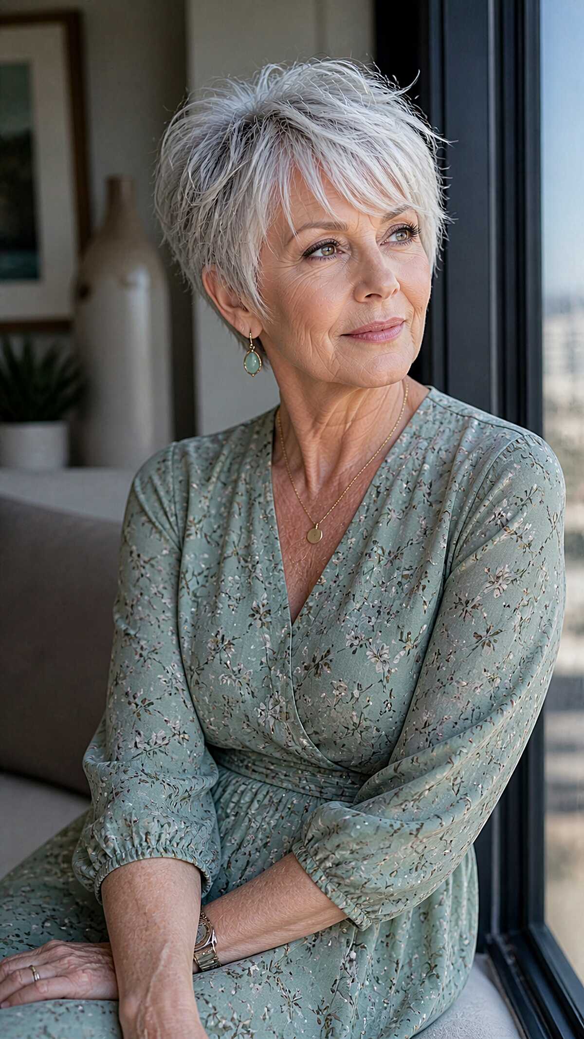 Bright white piecey pixie shag on woman in her 60s