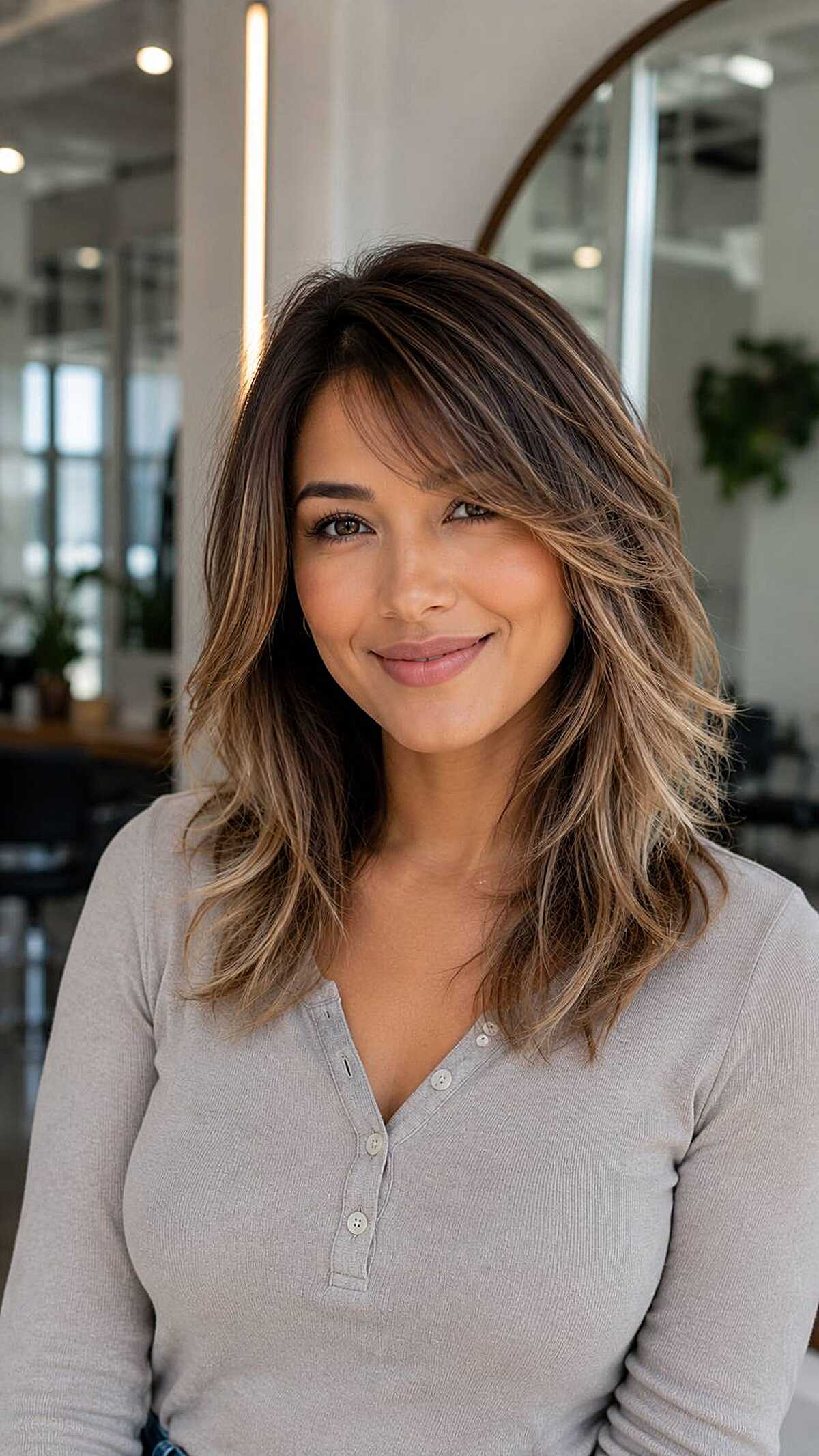 Bronde medium hair with curtain bangs and layered side part