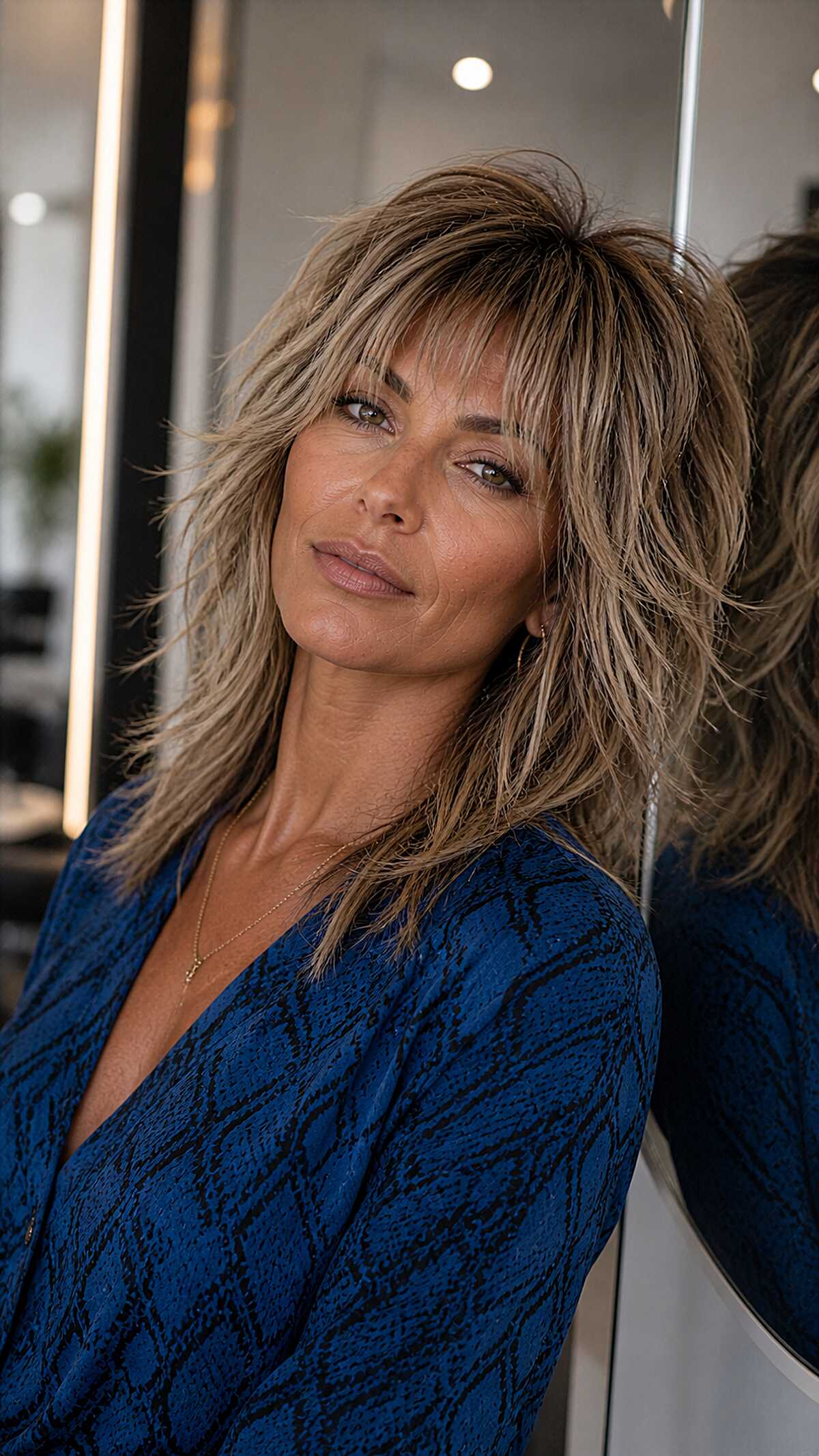 Bronde wolfcut with choppy bangs and piecey layers