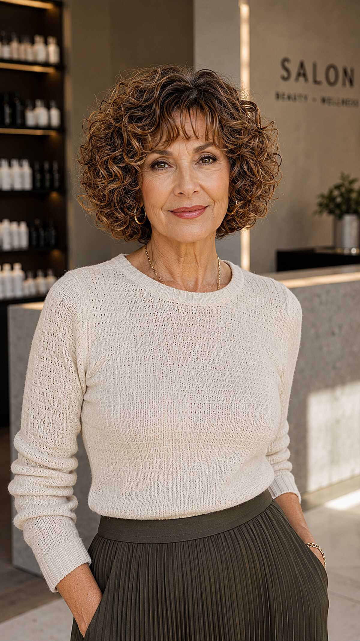 Brunette curly bob with curly bangs and highlights