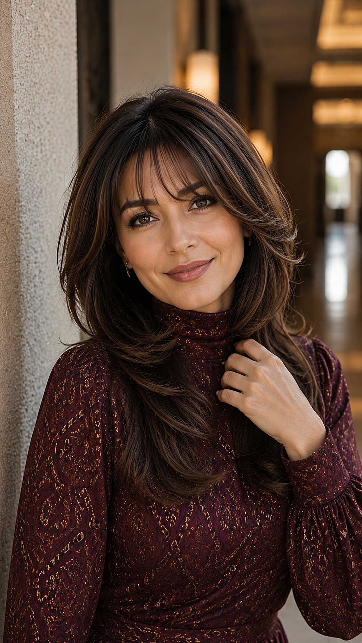 Voluminous dark brunette blowout with wispy curtain bangs