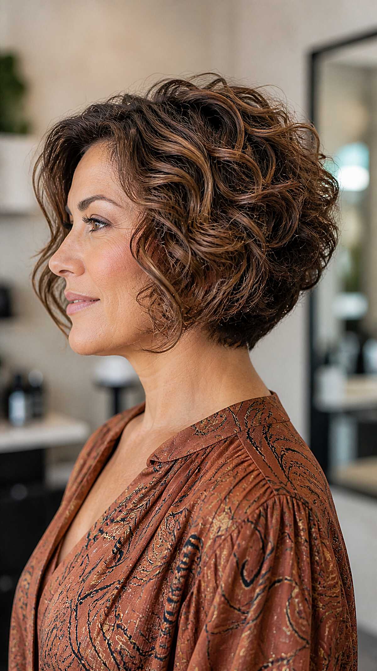 Brunette wavy stacked bob with caramel highlights