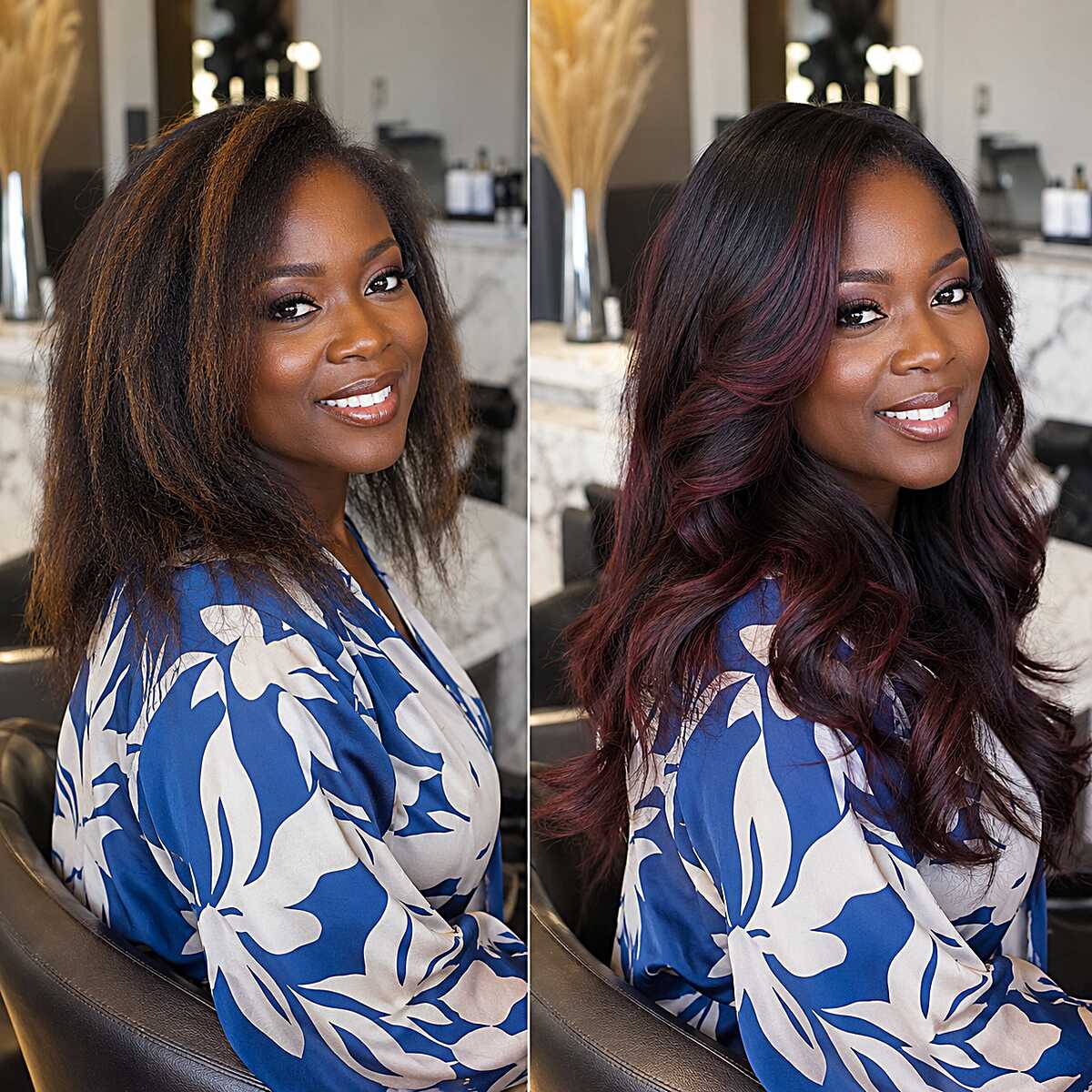 Before and after burgundy body wave quick weave transformation