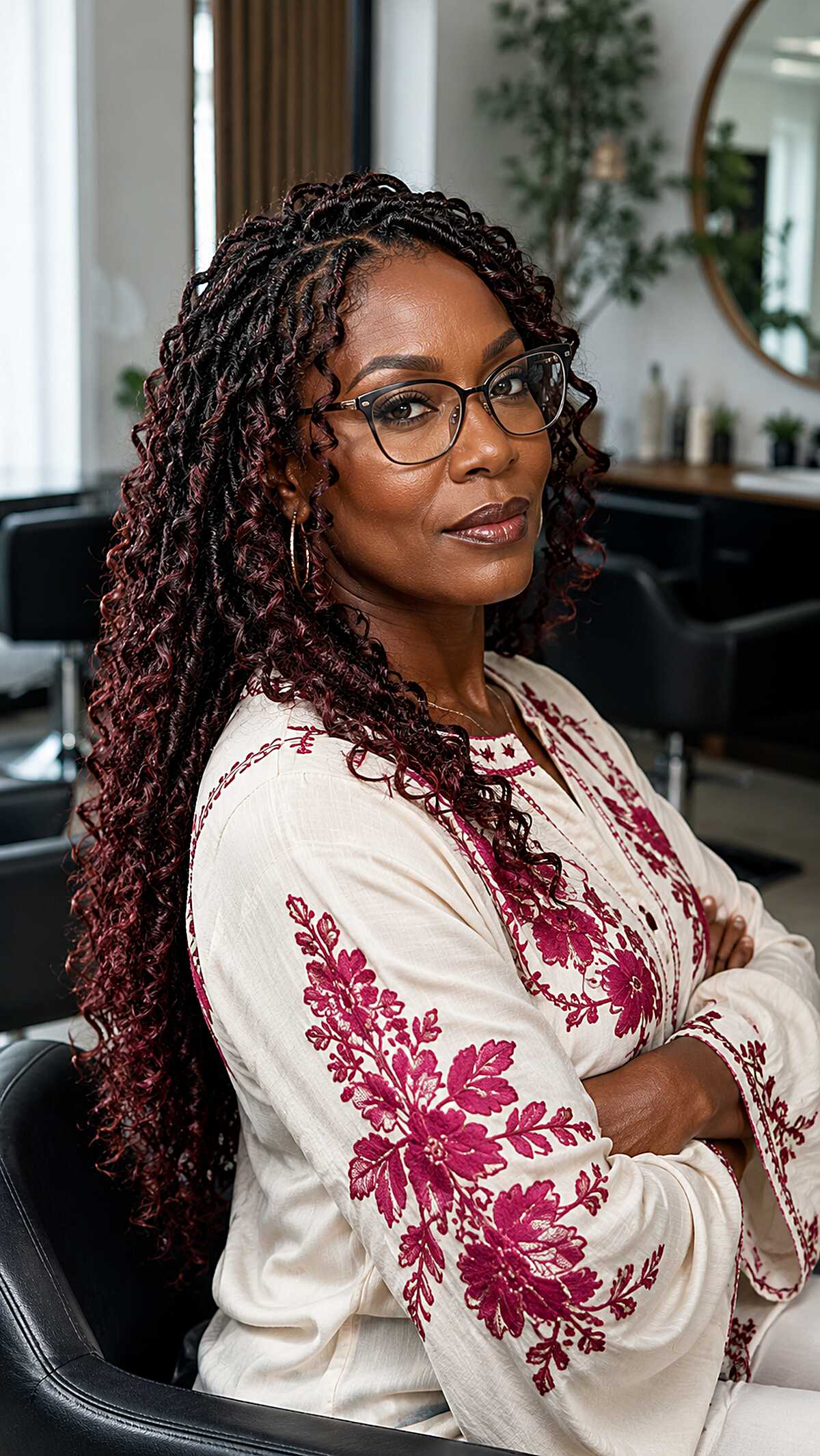 Long Burgundy Crochet Passion Twists Swept to One Side