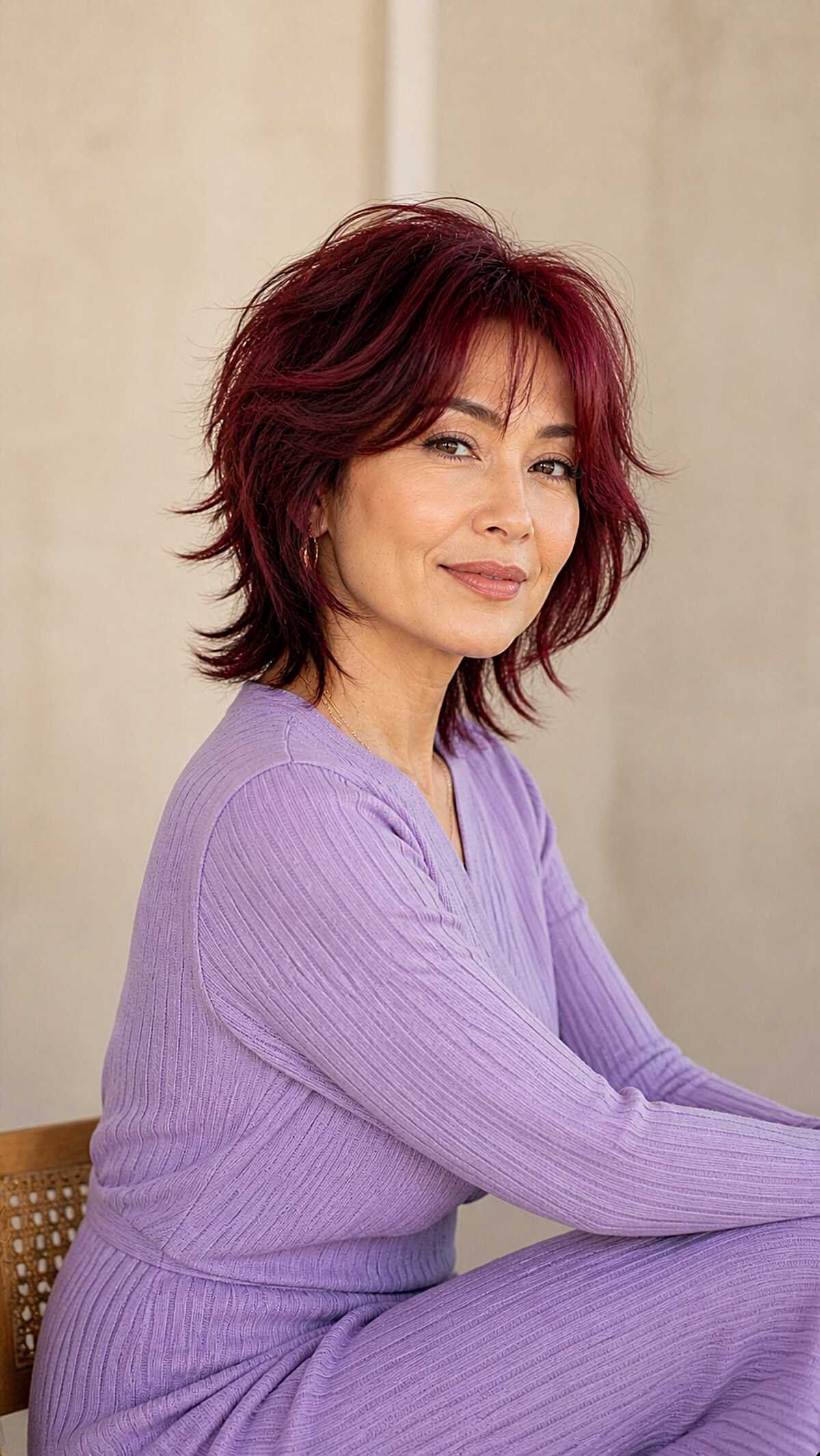 Burgundy Wine Shaggy Bob with Razored Texture