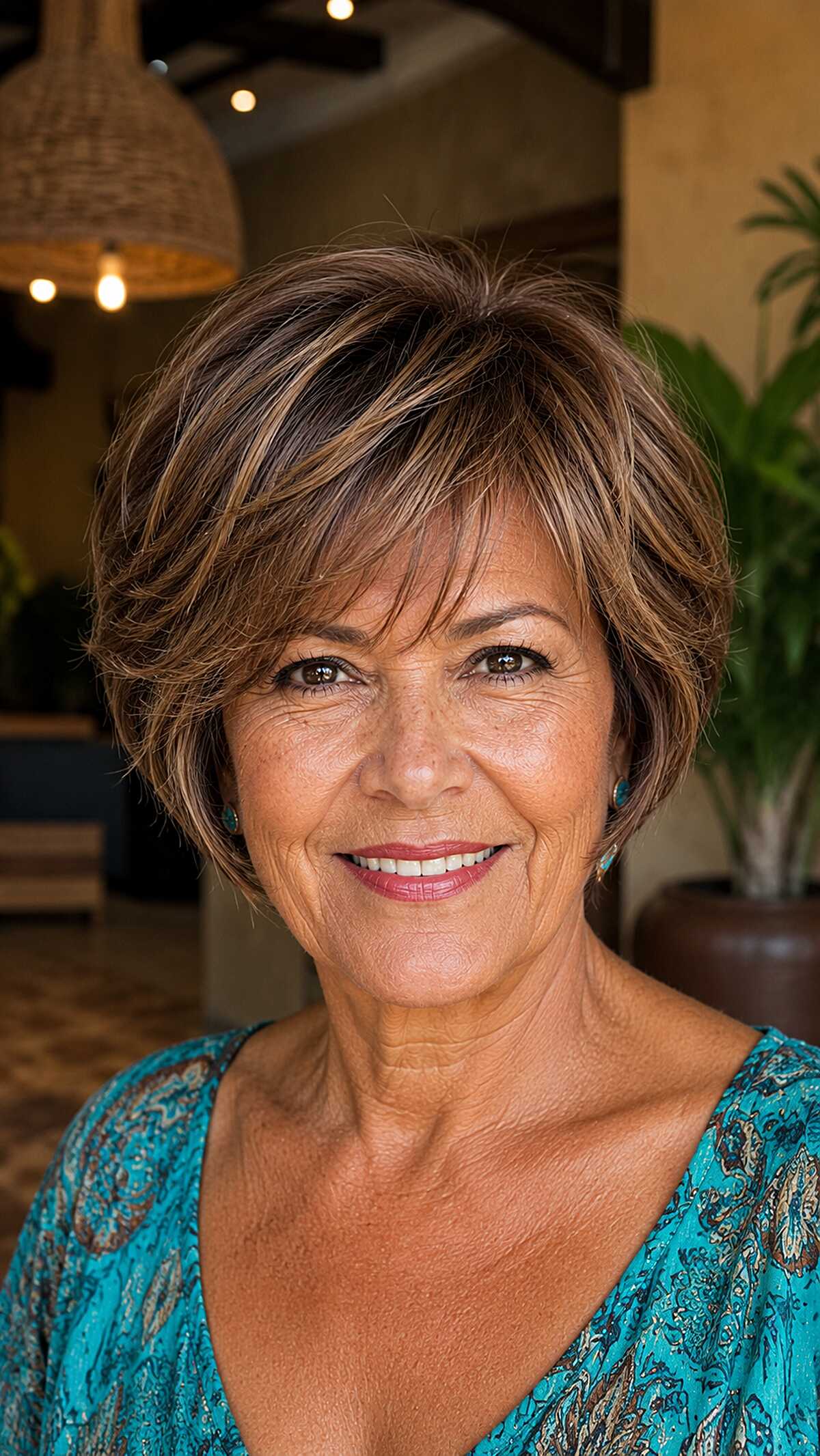 Caramel brunette feathered pixie bob with side bangs