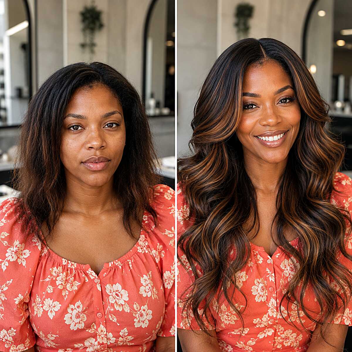Before and after sew-in with caramel highlights and waves