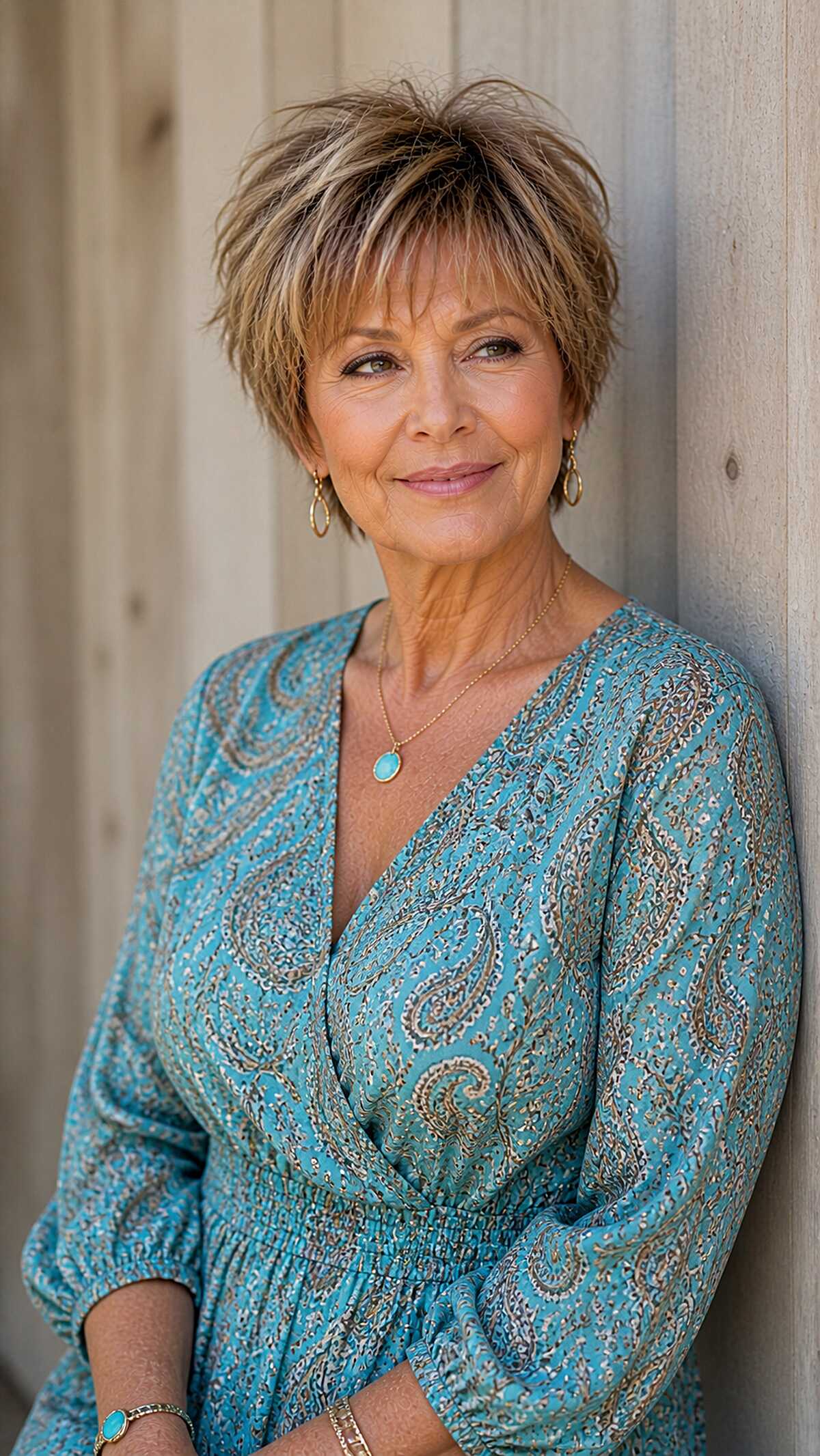 Caramel-tipped tousled pixie shag on older woman